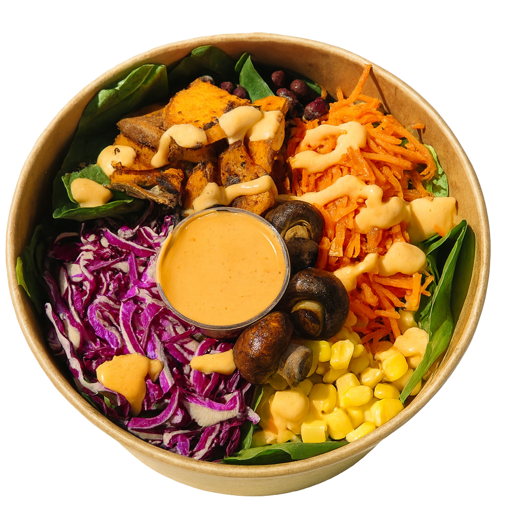 Salad with spinach, black beans, shredded carrots, feta cheese, cherry tomatoes, mushrooms, red cabbage, and dressing in a container.