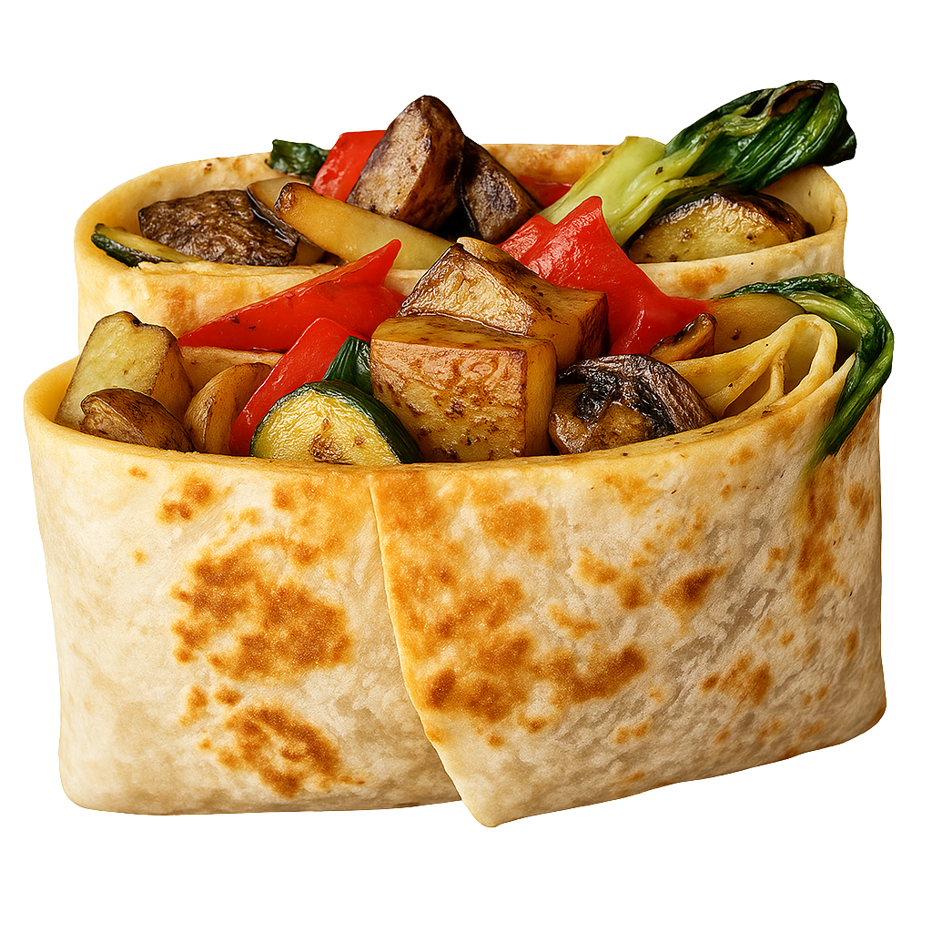 Two breakfast burritos filled with potatoes, cheese, and bacon.