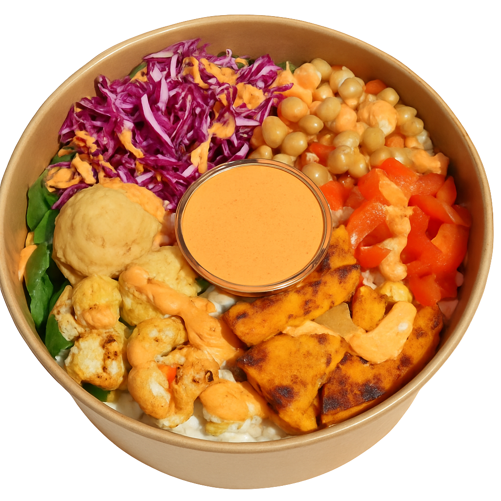 Vegetarian salad box with purple cabbage, cherry tomatoes, black beans, hummus, roasted cauliflower, red bell peppers, chickpeas, spinach, and a container of dressing.