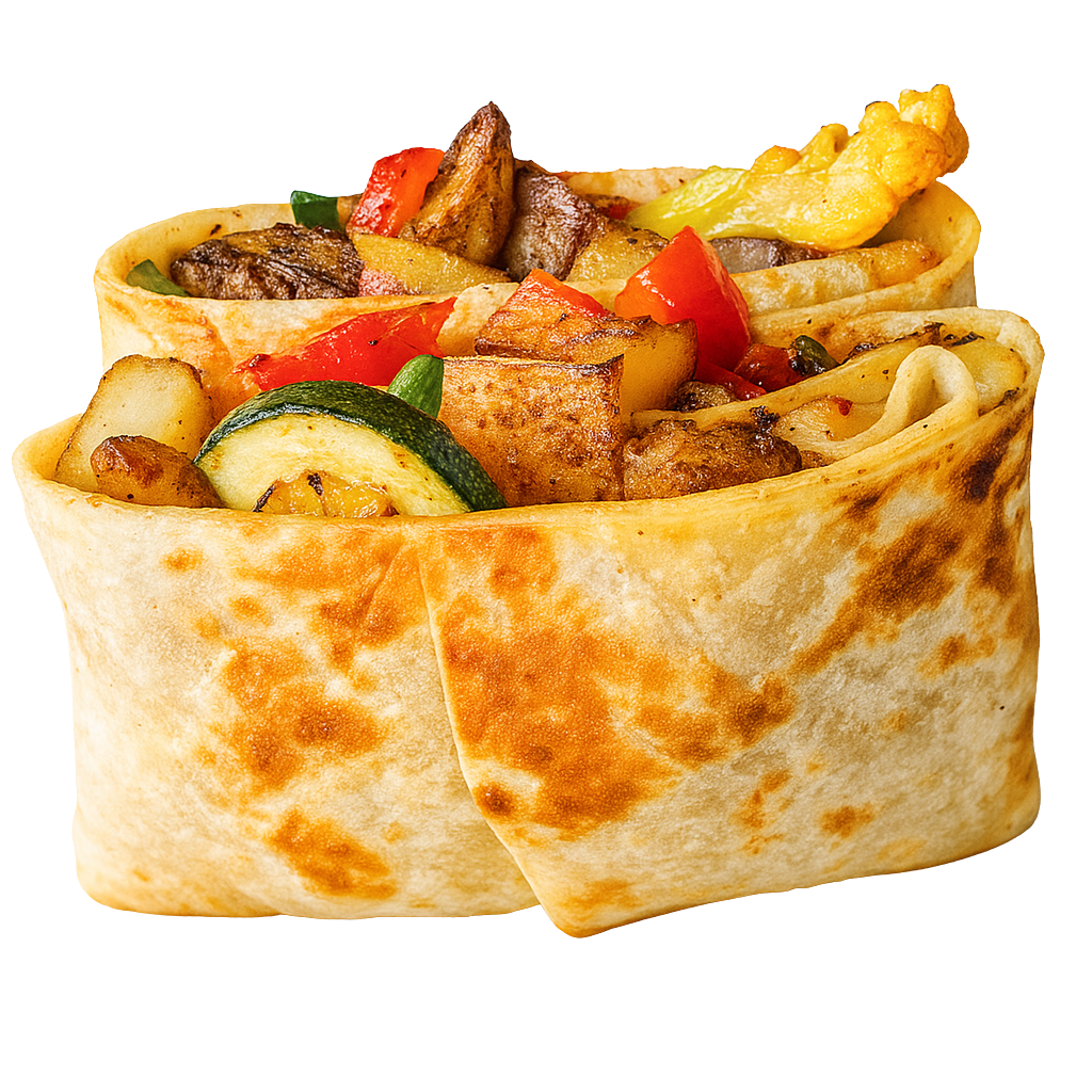 A burrito filled with grilled meat, roasted potatoes, cauliflower, and diced tomatoes.