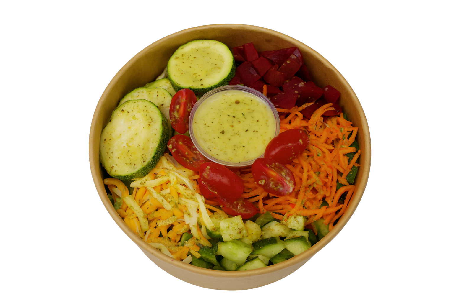 Colorful salad box with edamame, arugula, corn, shredded carrots, dried cranberries, grated cheese, and diced cucumber, centered with a dressing cup.