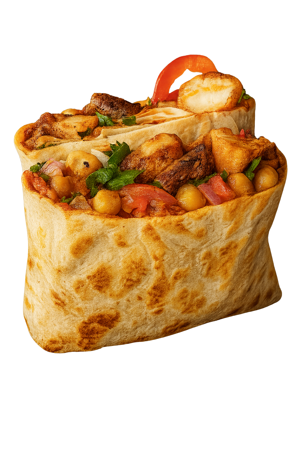 Chicken shawarma wrap with grilled chicken, vegetables, and herbs in a pita bread.