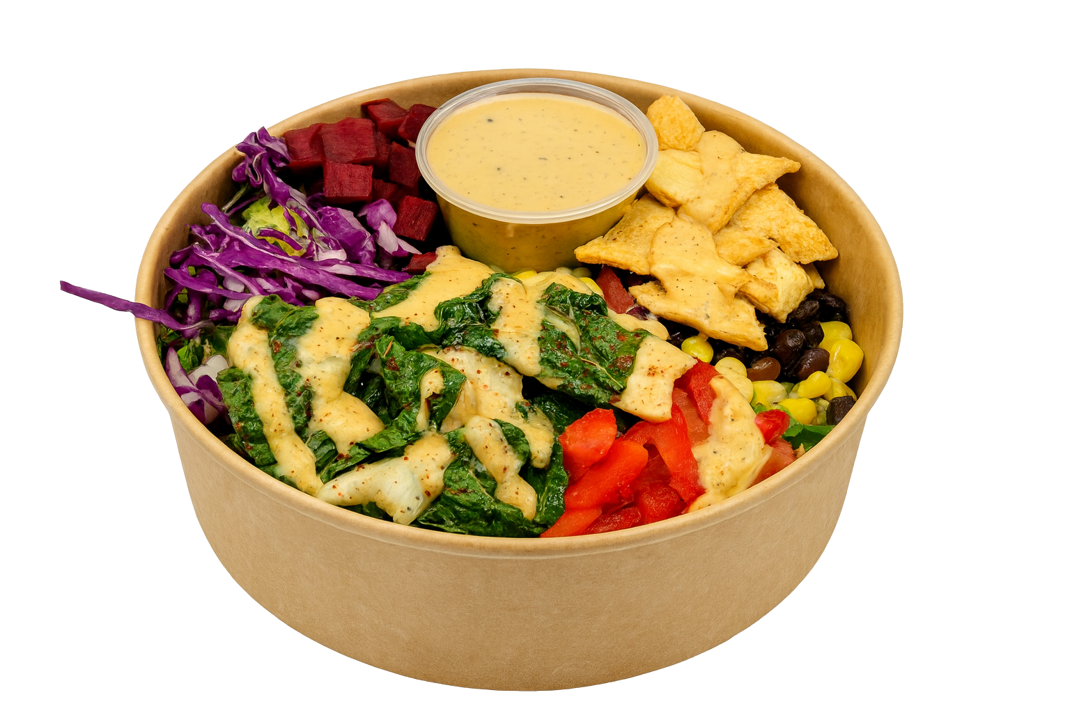 Healthy salad box with chickpeas, broccoli, spinach, black beans, sliced red bell peppers, quinoa, hard-boiled egg, edamame, sliced almonds, and dressing.