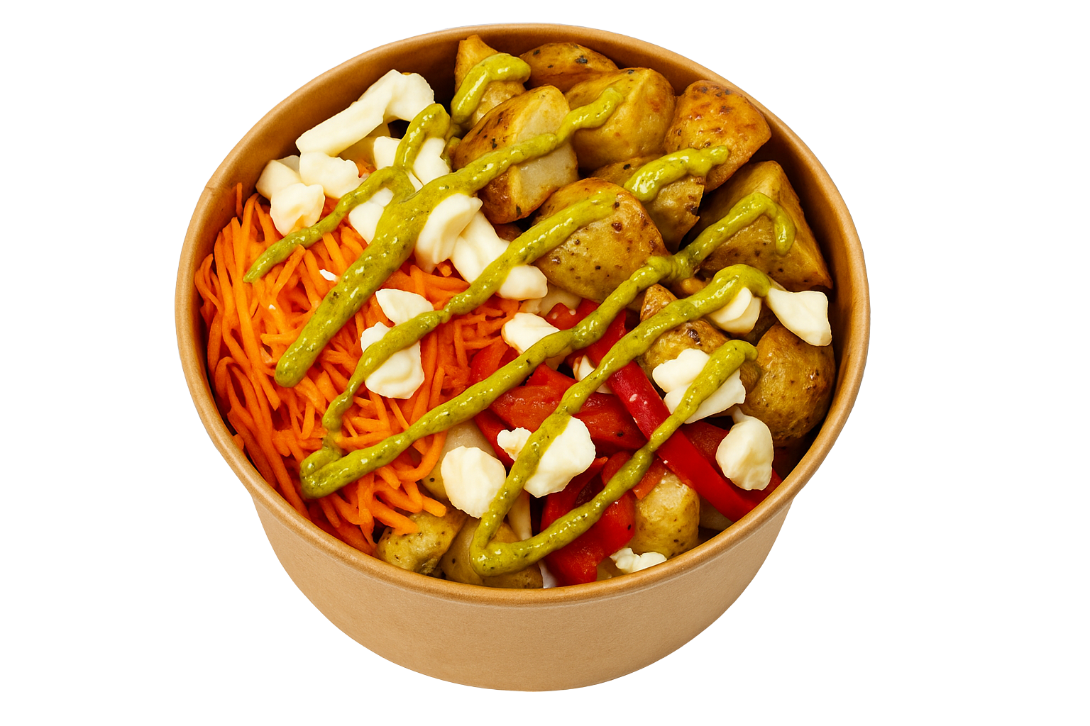 A rectangular cardboard container filled with nachos topped with cheese, jalapenos, red peppers, and diced white cheese.