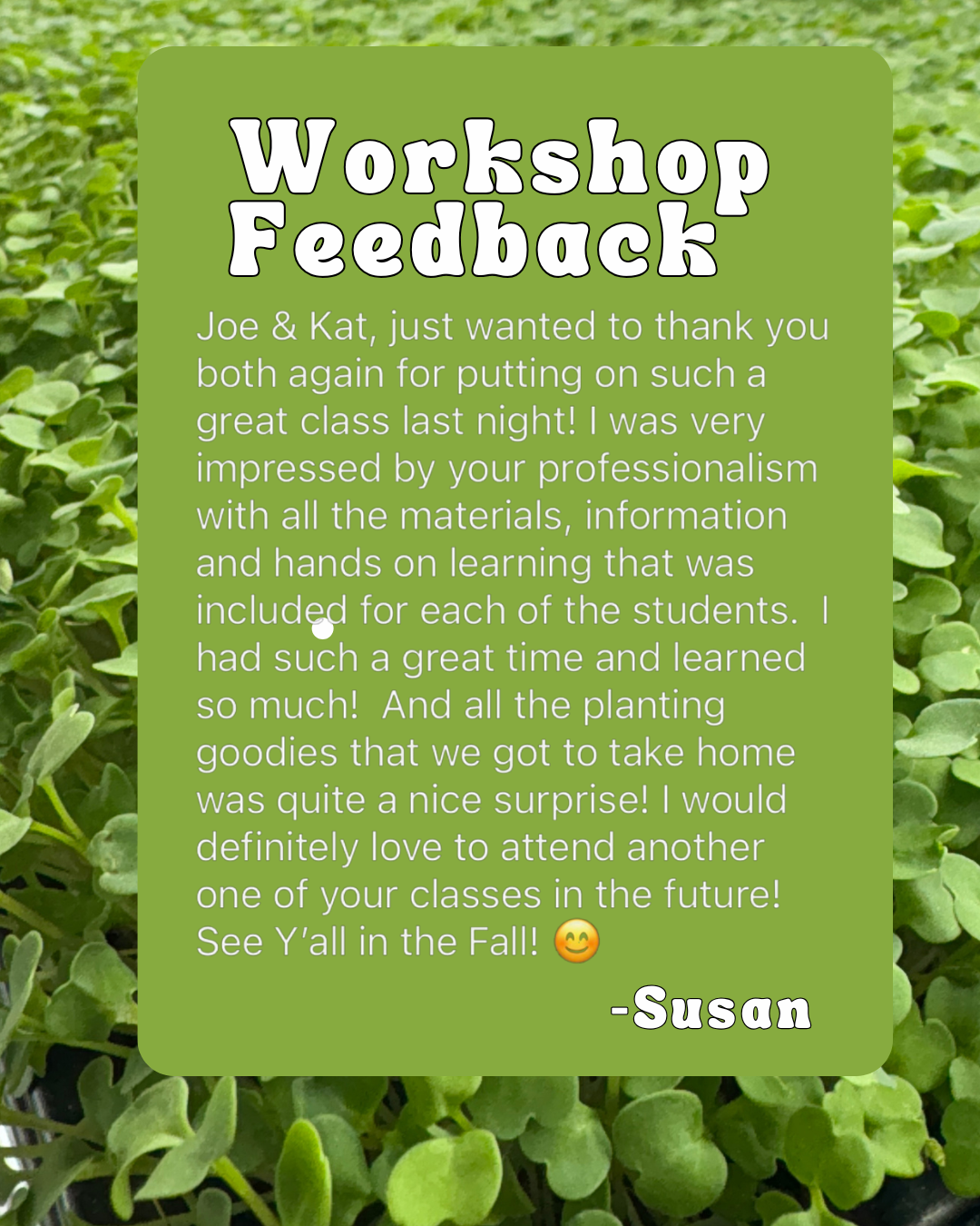 Green feedback card titled 'Workshop Feedback' with a thank you message from Susan, praising the professionalism and materials of a class, mentioning planting goodies and a future attendance wish, placed over a background of small green leaves.