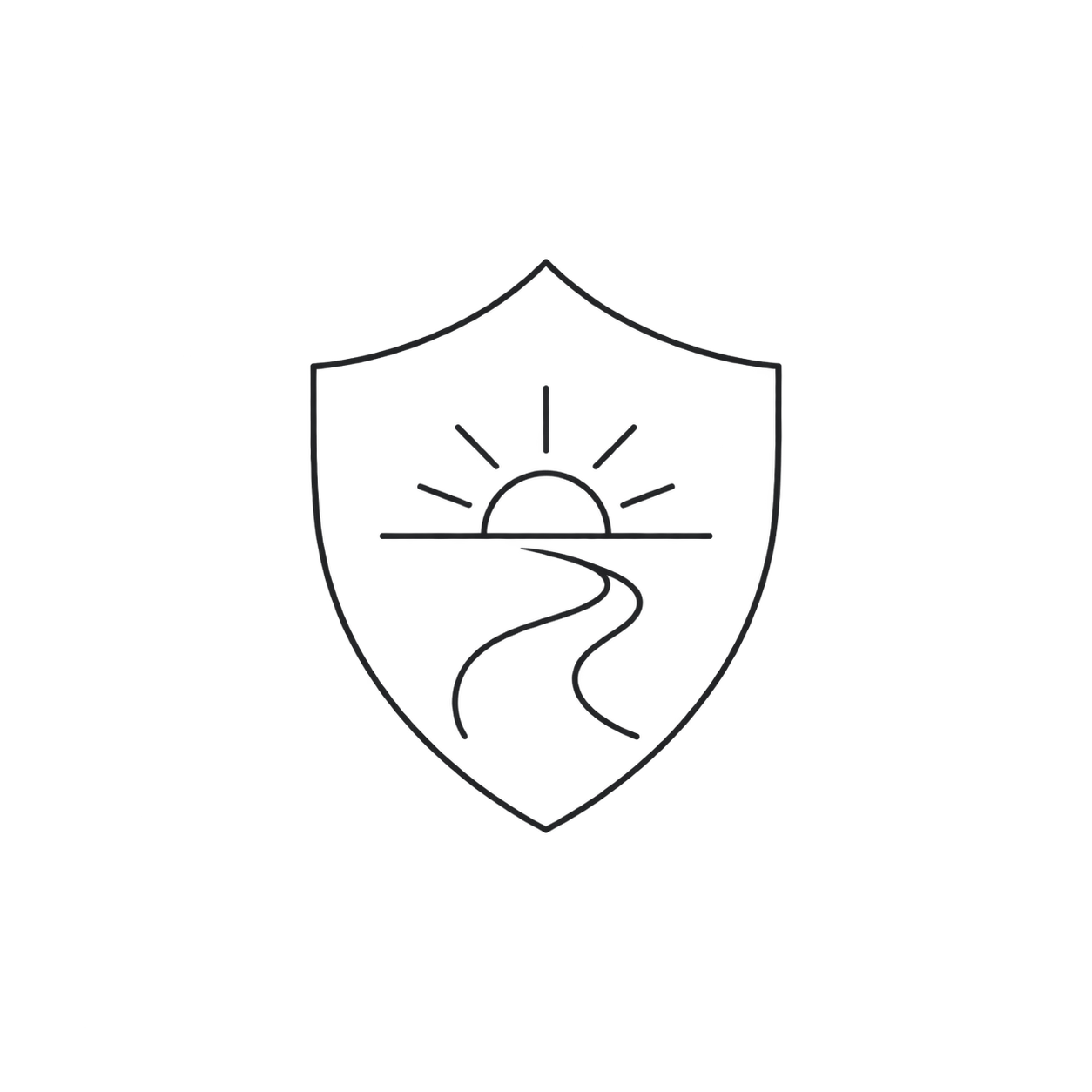 Outline of a shield with a sun setting over a winding road inside.