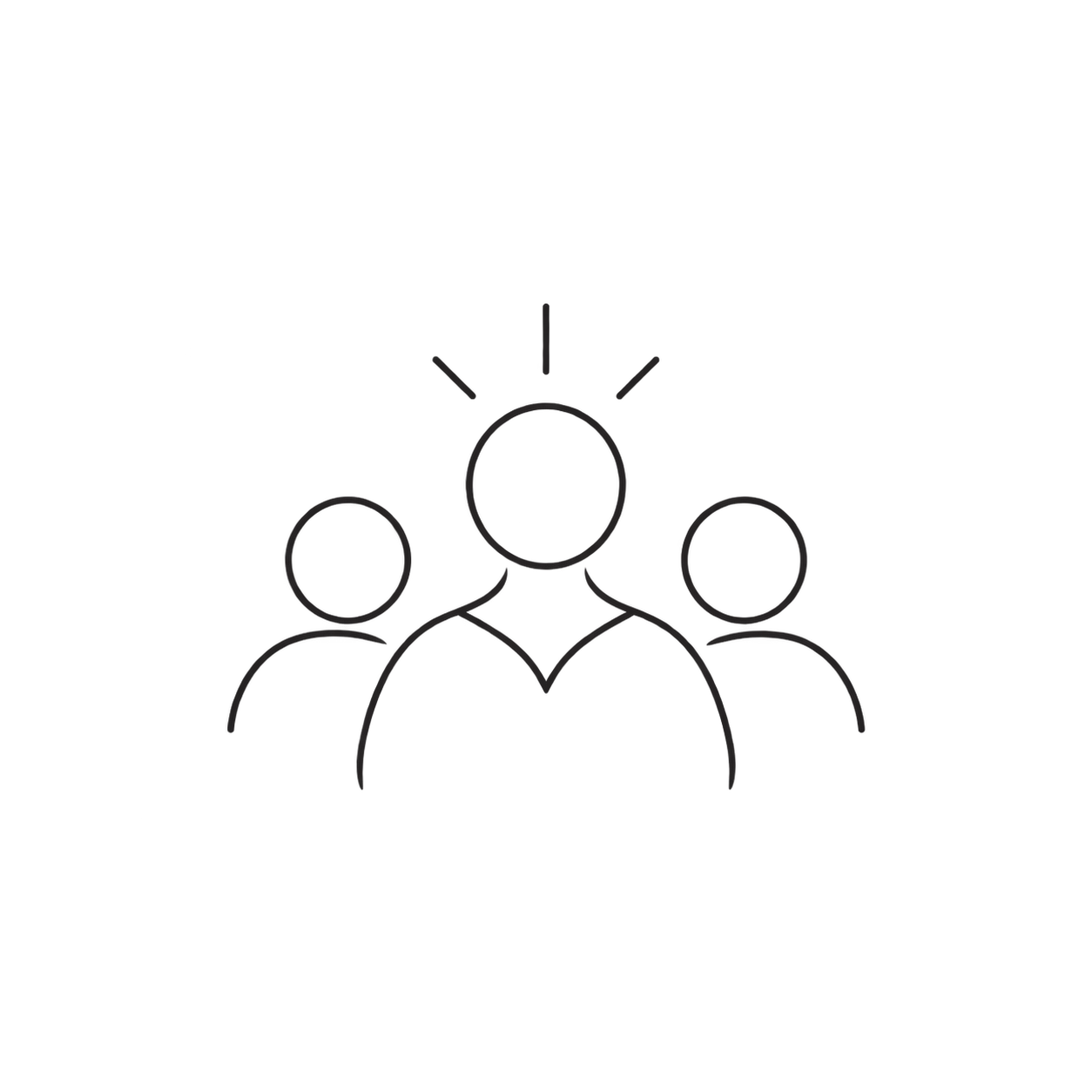 Line drawing of three people with the central figure highlighted by radiating lines, representing leadership or recognition.