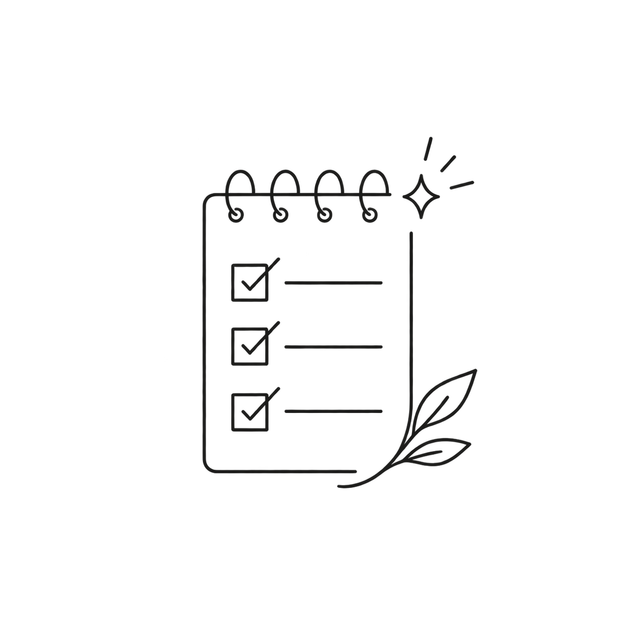 A minimalist line drawing of a checklist on a notepad with three completed checkmarks, a sparkle or starburst at the top right, and a small leaf at the bottom right.