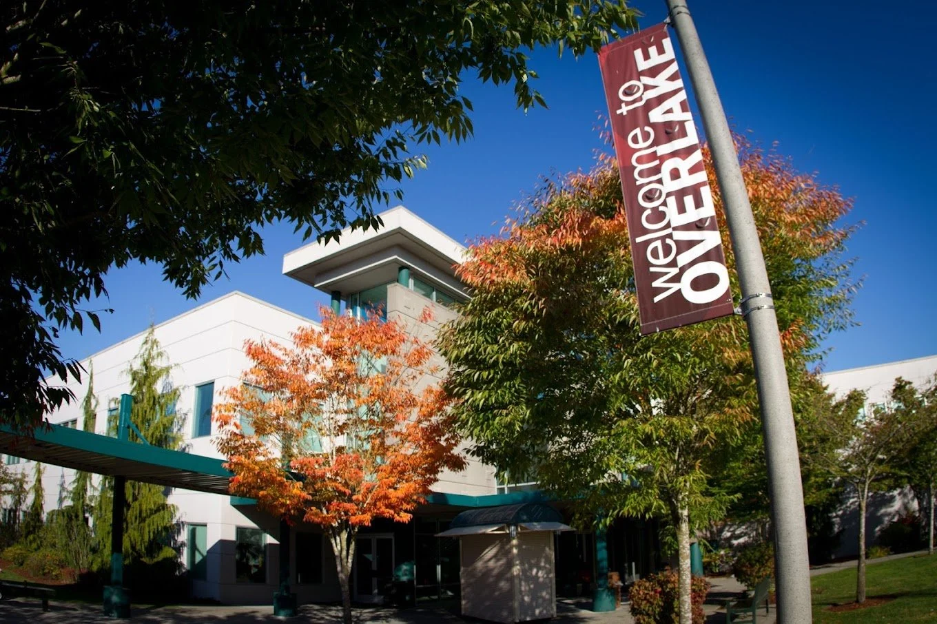 A modern white building surrounded by autumn-colored trees under a blue sky, with a vertical banner that reads 'Welcome to OVERLAKE' attached to a street lamp.
