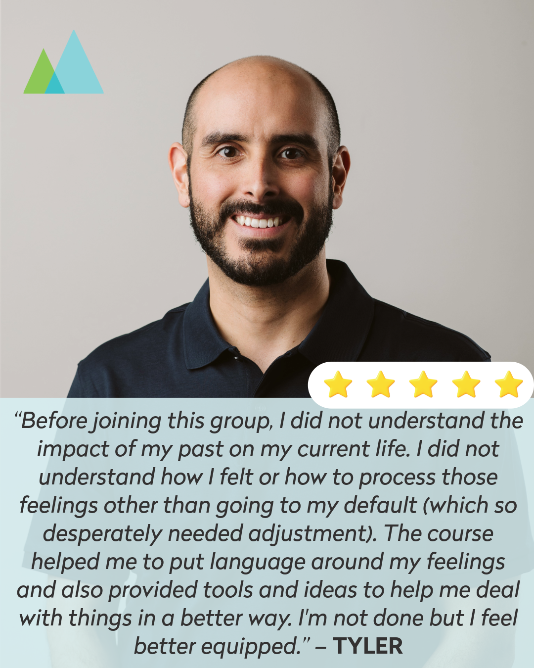 A smiling man with a beard and buzz haircut wearing a black polo shirt, with a quote about personal growth and a five-star rating.