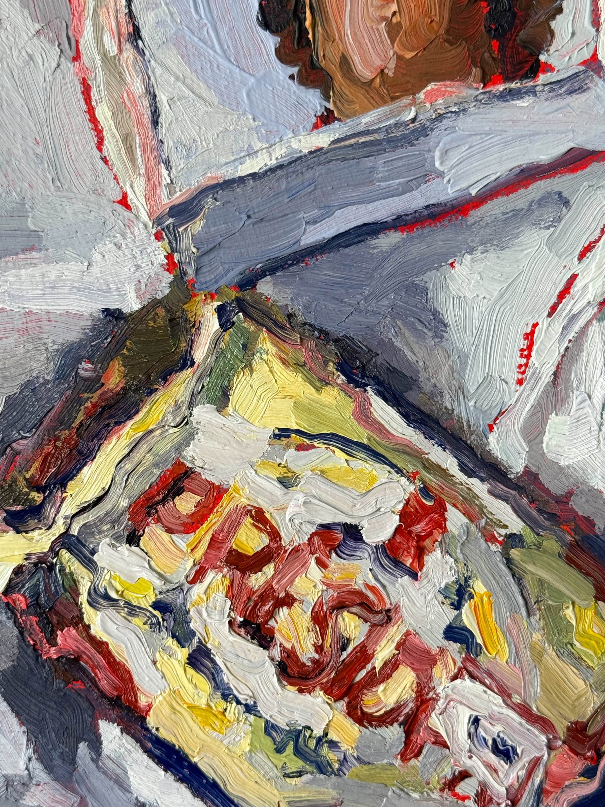 Original oil painting of French butter, blue cheese, brie, baguette, and wine with pastries, set before the Eiffel Tower. Paris picnic scene by Courtney Caroline.