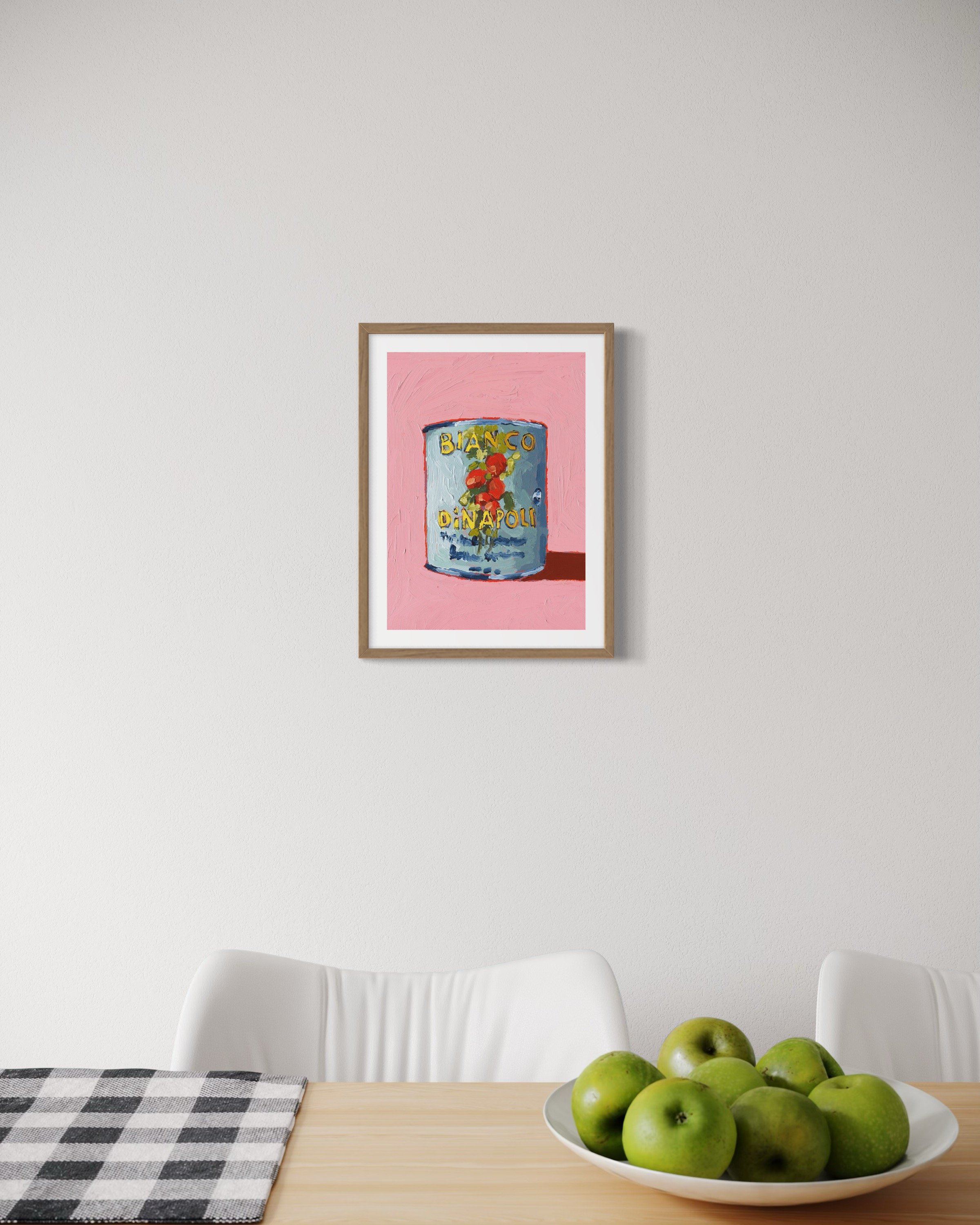 Blue Bianco DiNapoli tomato can art print with bright pink background