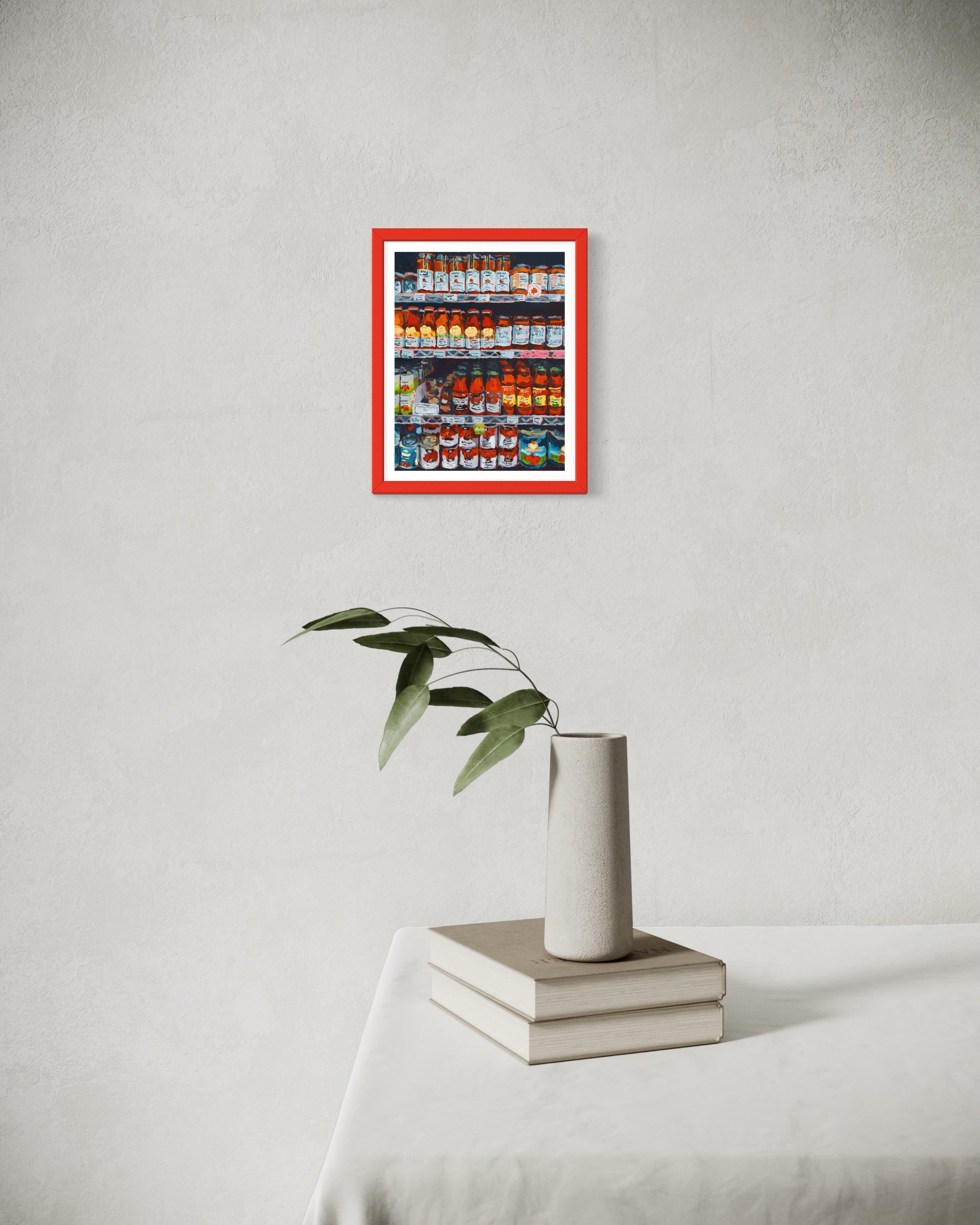 Colorful kitchen art print of tomato sauces, Amola tomato sauce, olive oil, and Italian pantry goods by artist Courtney Caroline