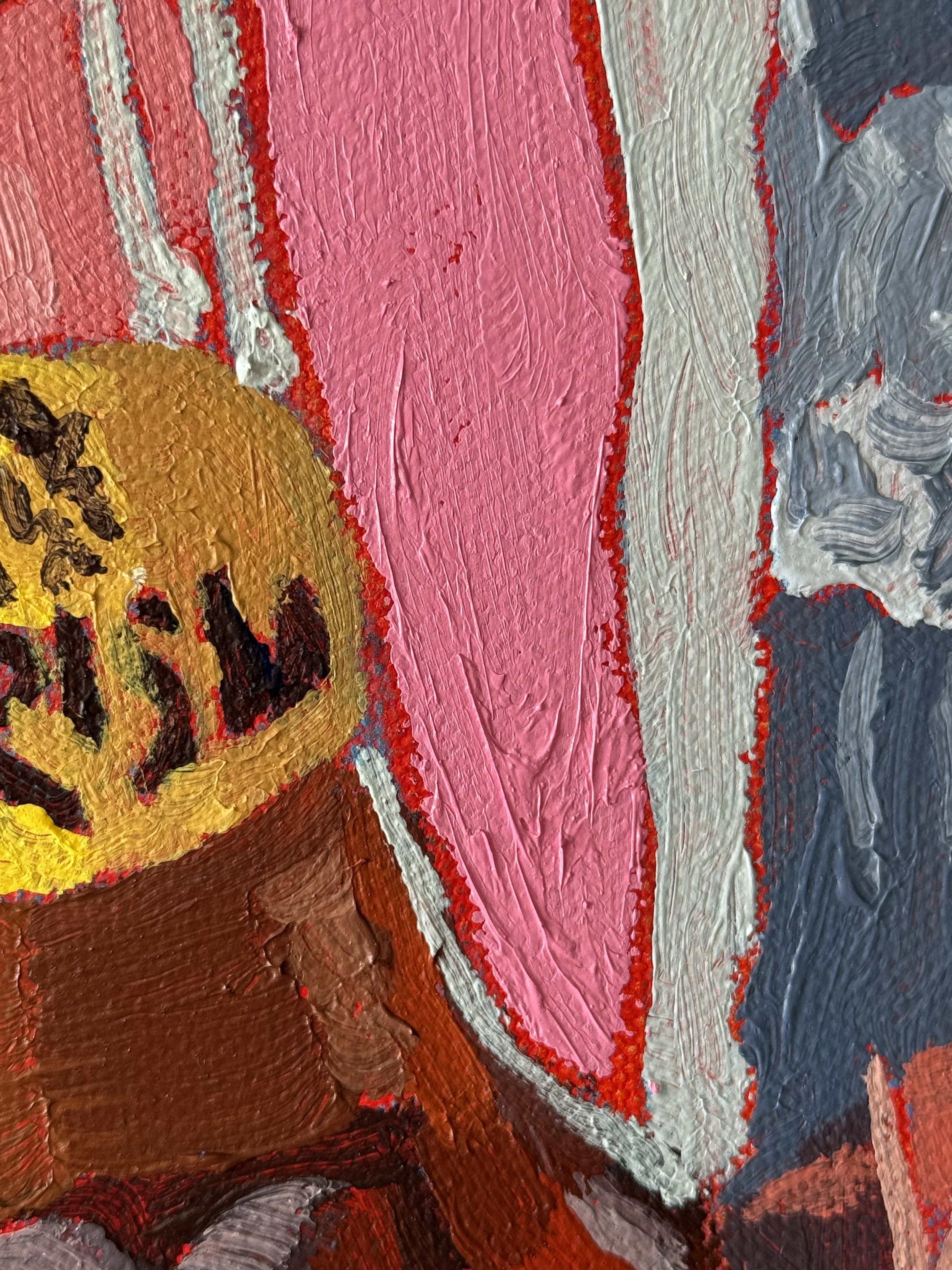 Textured painting of four Italian food products — Renzullo coffee, olive oil, Italian pop, and tomatoes — against a bold pink background by Courtney Caroline