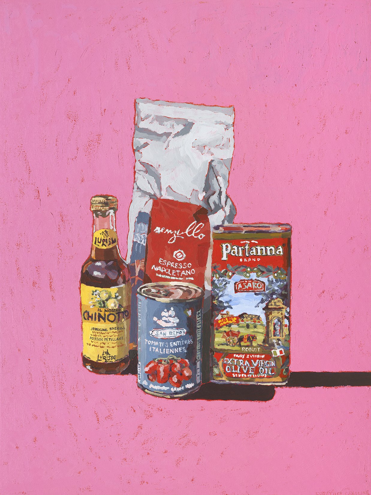 Still life painting featuring iconic Italian ingredients in vibrant color and rich texture, with a bright pink backdrop. Original artwork by Courtney Caroline