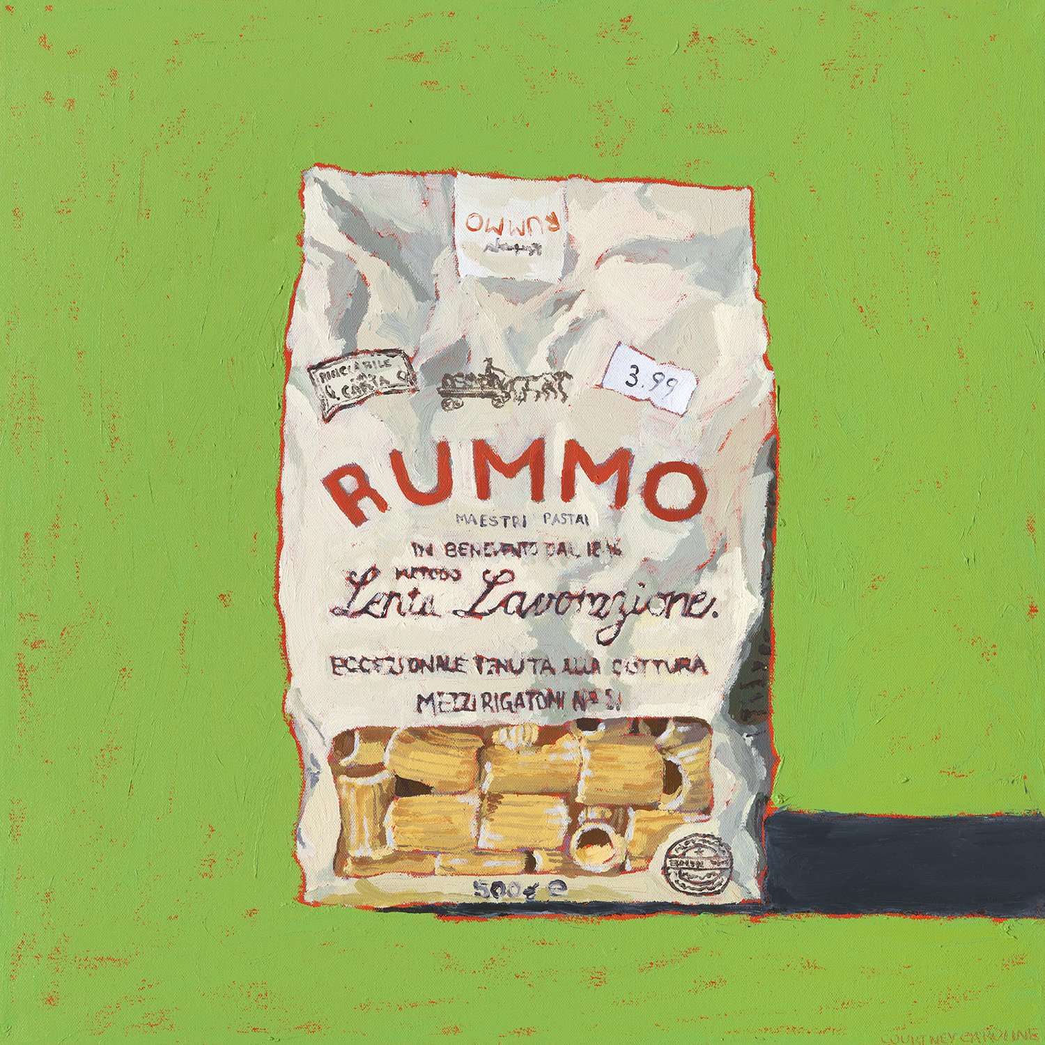 Still life painting of Rummo pasta, painted in thick brush texture with vibrant green backdrop. Original artwork by Courtney Caroline