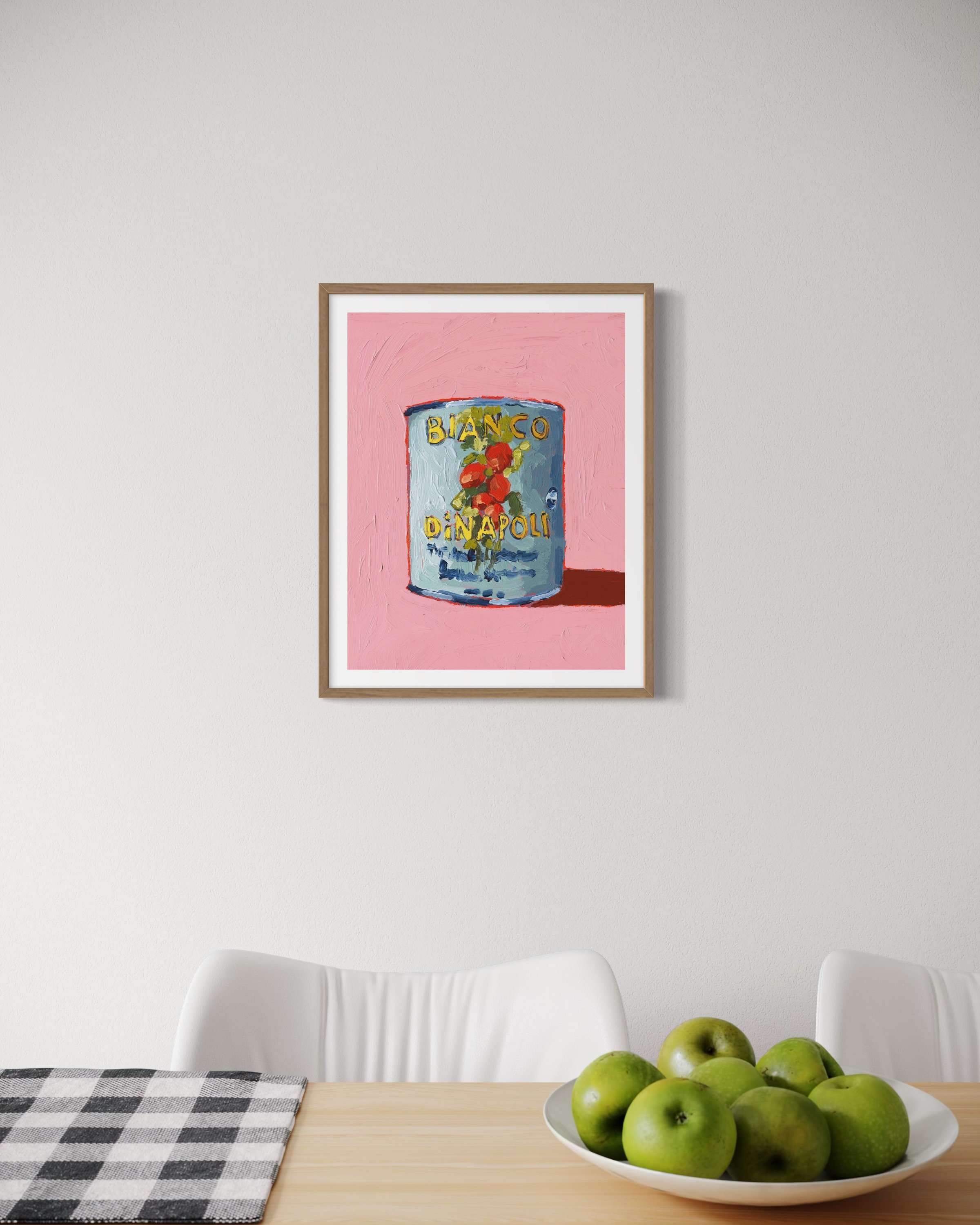 Vibrant still life print of iconic tomato can, original artwork by Courtney Caroline