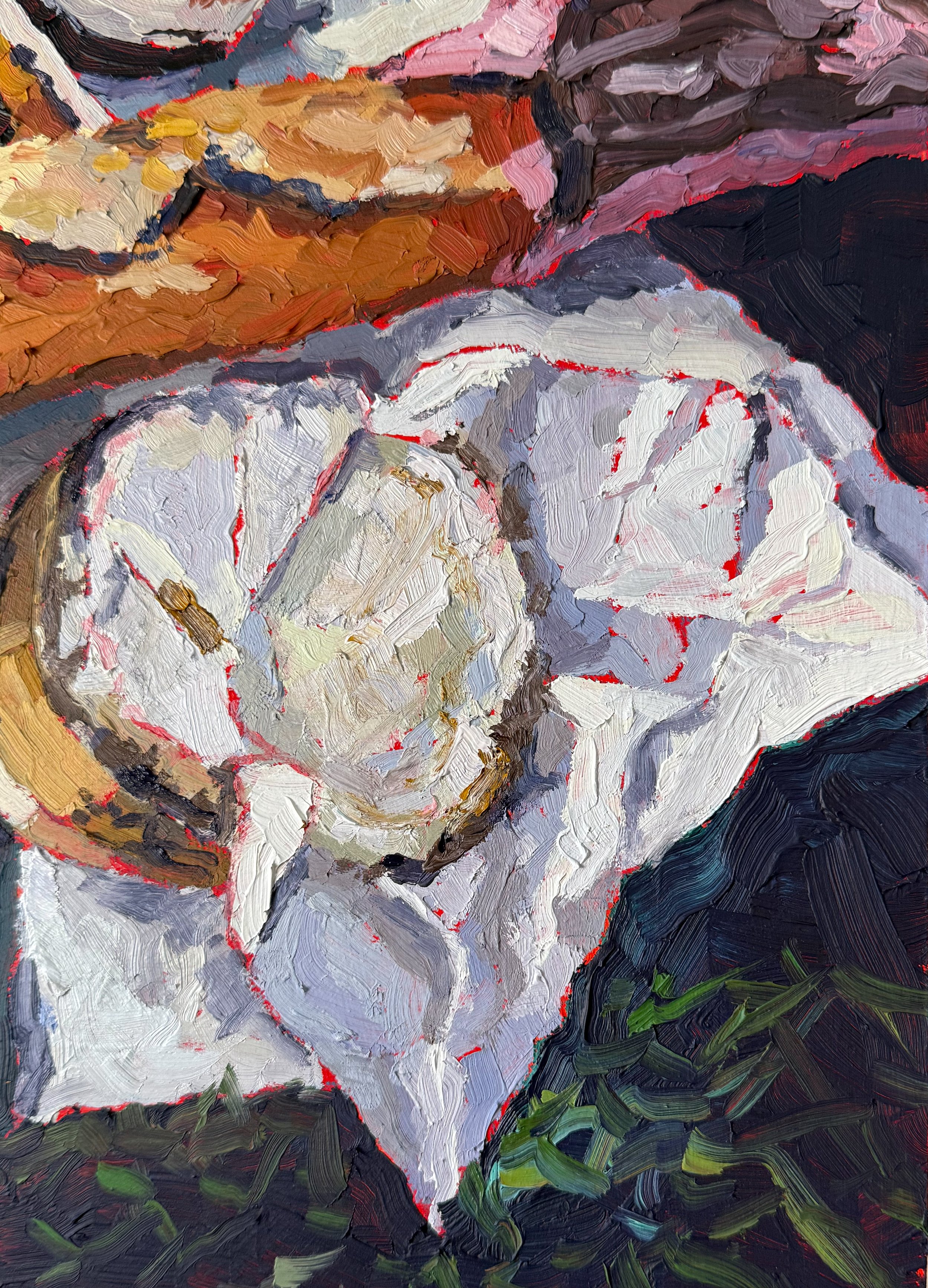 Colorful oil painting of French food — brie, blue cheese, butter, baguette, and wine — with Paris landmarks in the background. Artwork by Courtney Caroline.