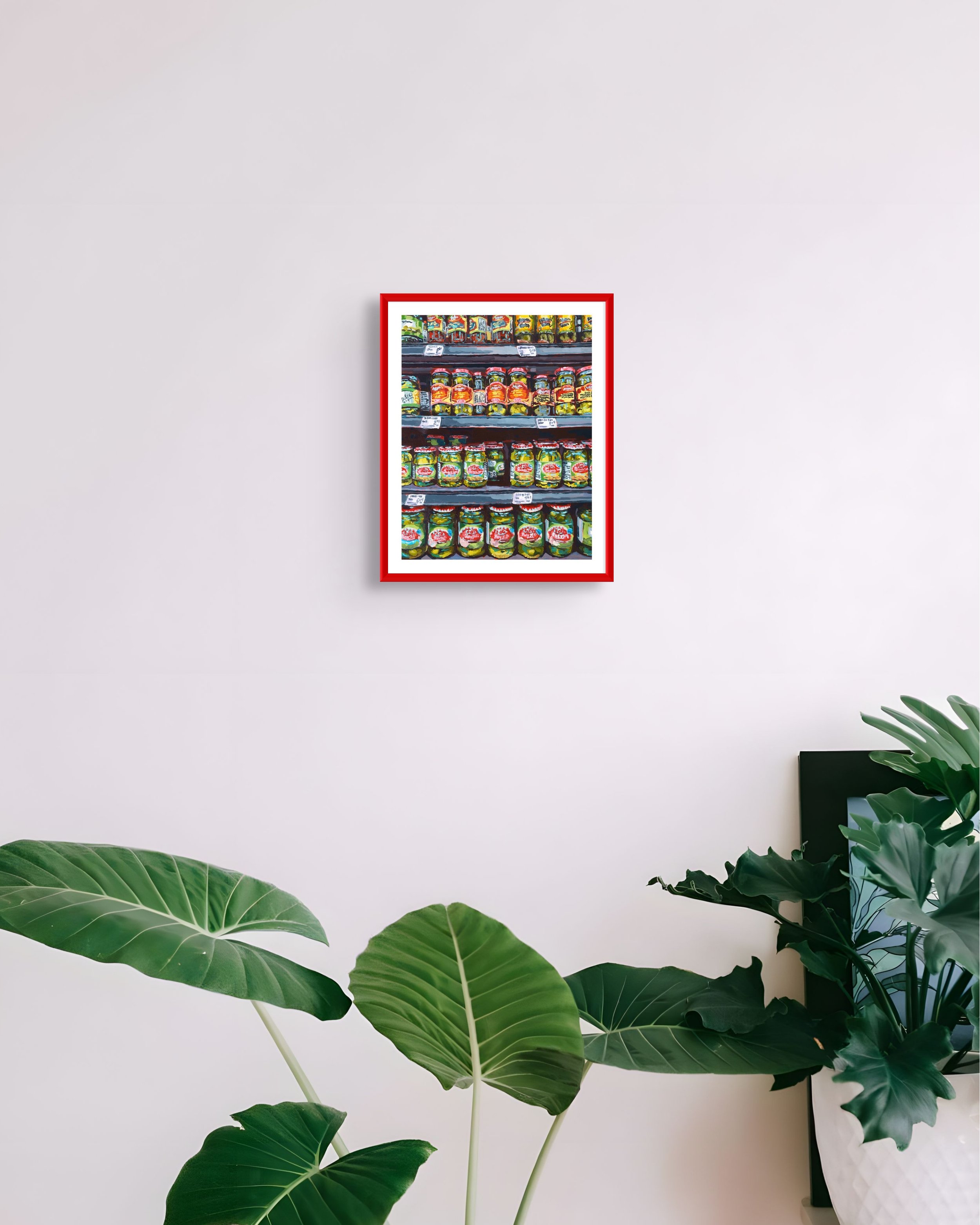 Vibrant painting of dill pickles and pantry goods at the store – archival art print for food lovers