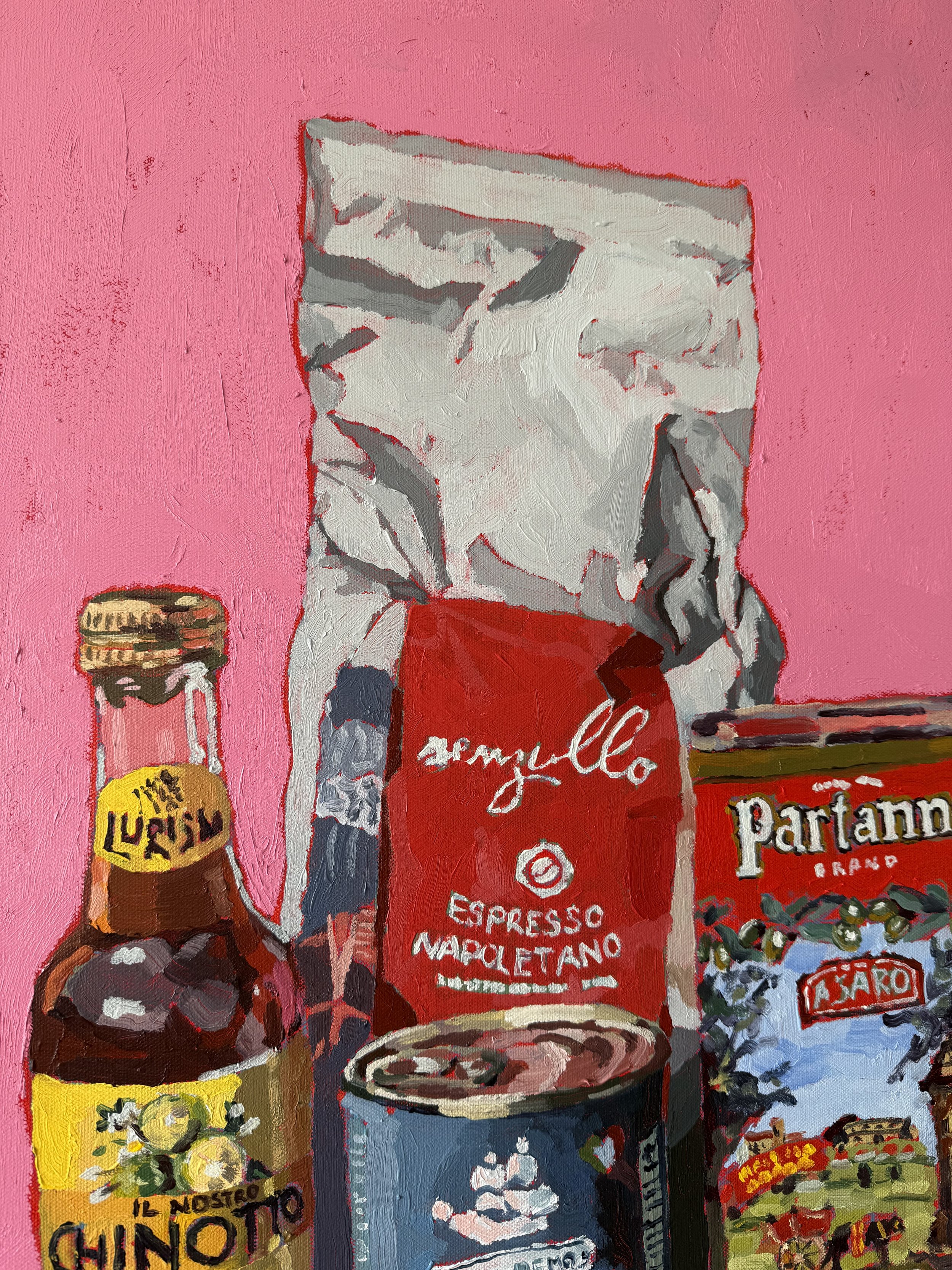 Large-scale oil and acrylic painting showcasing Italian pantry items with expressive brushwork and a modern pink background. Art by Courtney Caroline