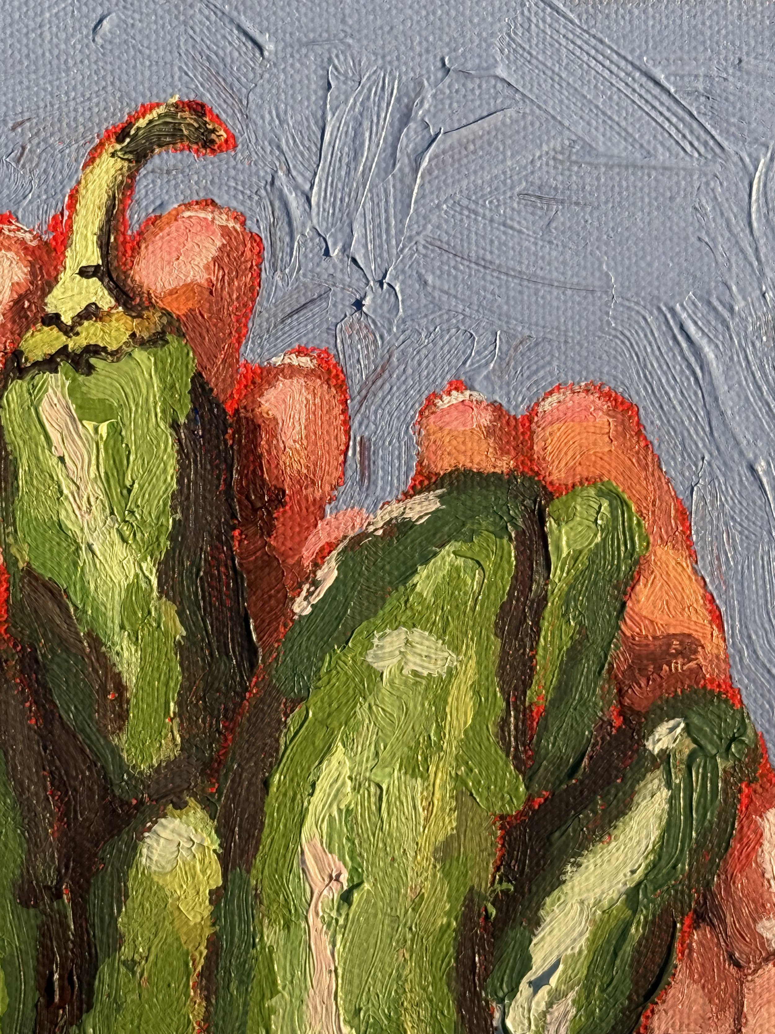 Original artwork inspired by local ingredients from Vancouver’s Sunrise Market, showing jalapeño peppers held in painted hands. Created by Courtney Caroline.