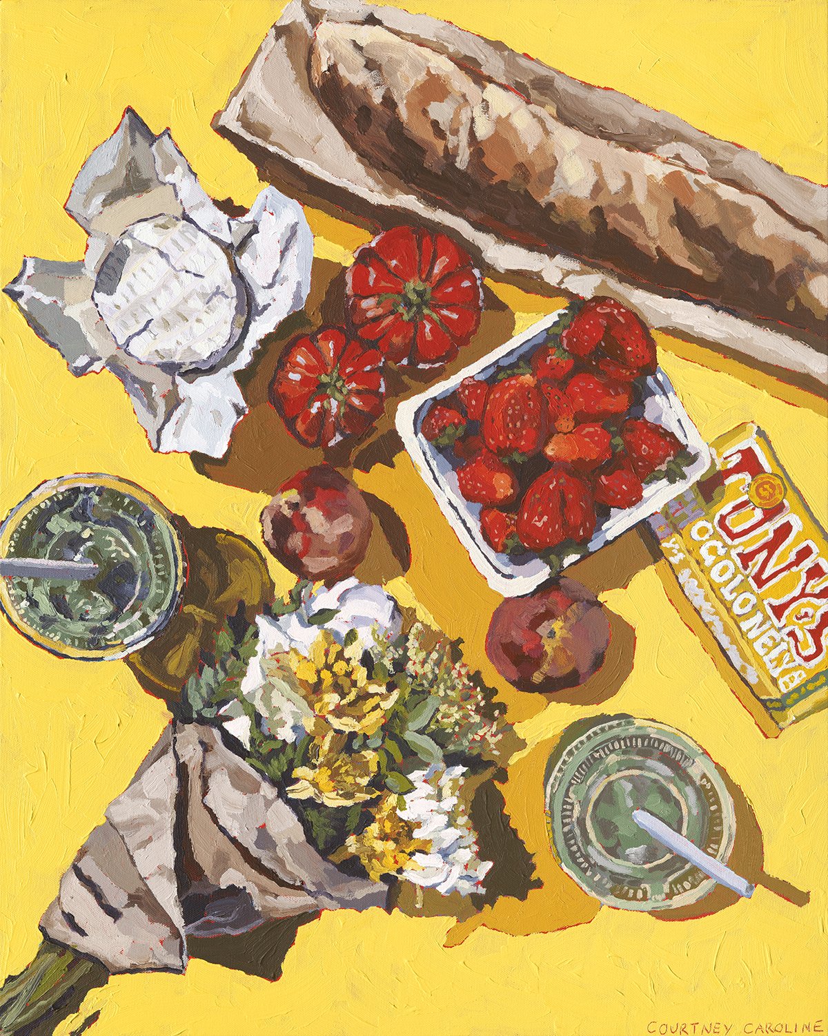 Still life painting titled ‘Summer Days’ featuring vibrant seasonal food on a bold yellow background, created in acrylic by Courtney Caroline
