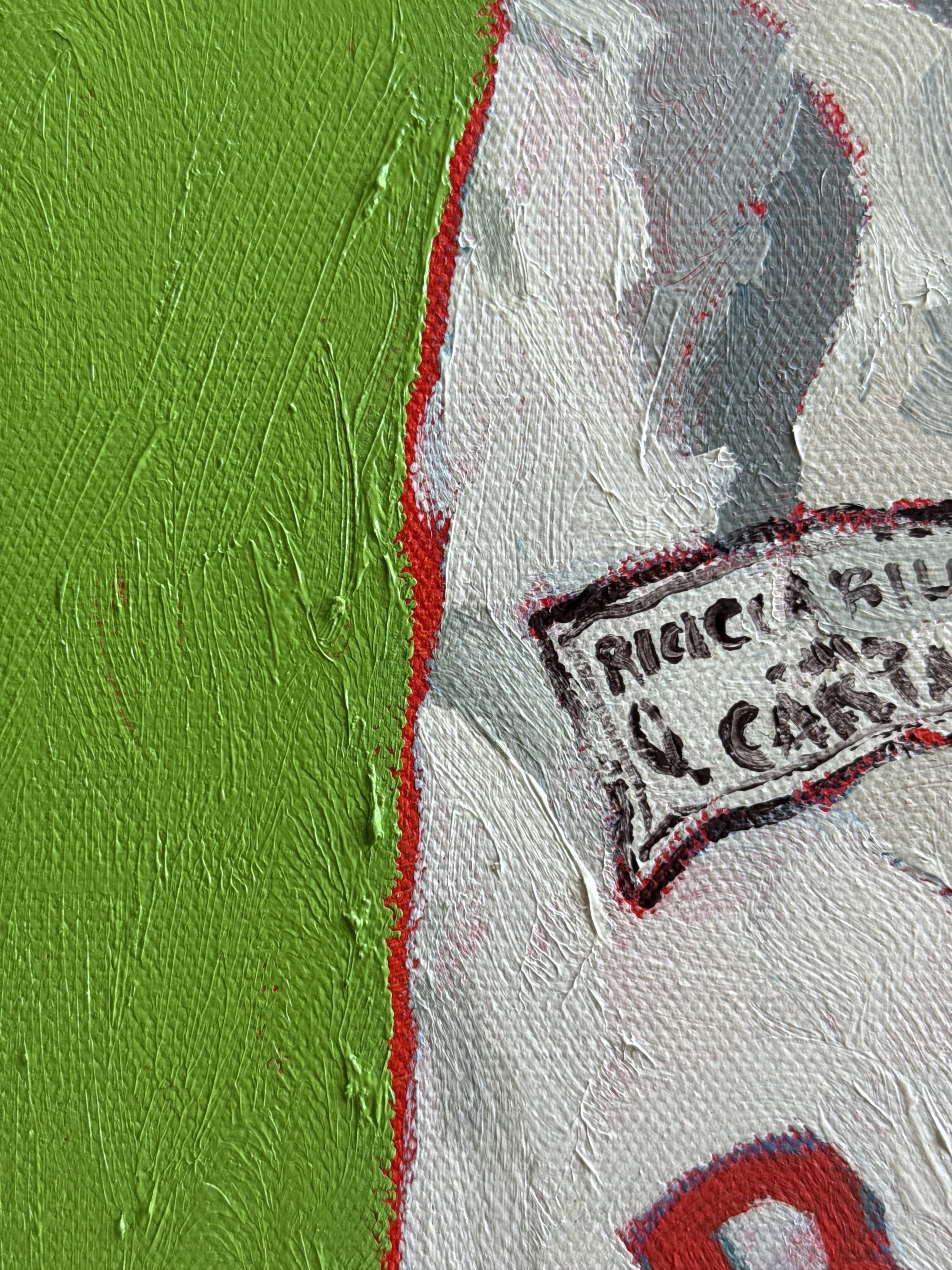 Food-themed artwork of Italian pasta packaging on green background. Vibrant original painting by Vancouver artist Courtney Caroline