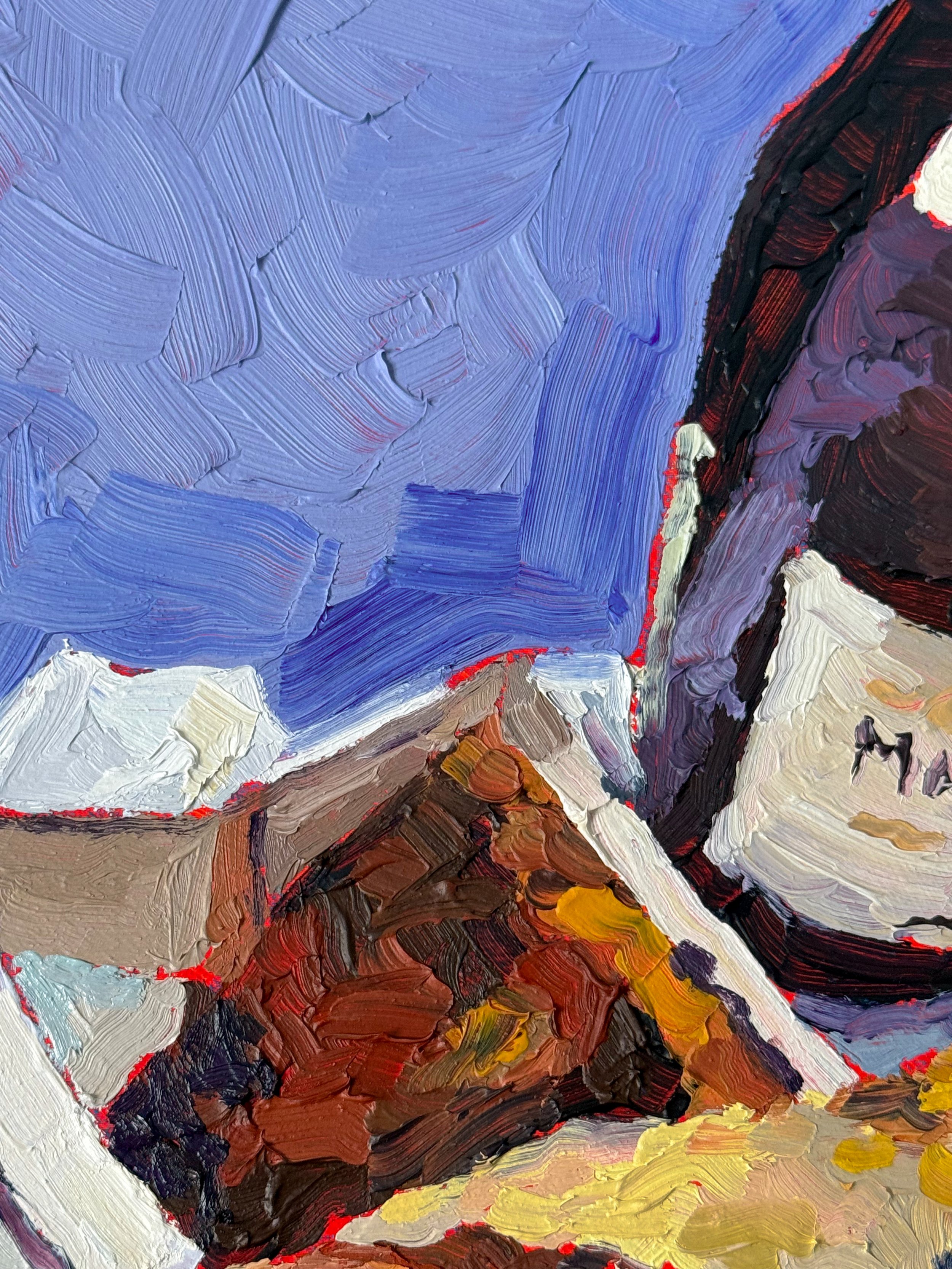 Vibrant still life painting of a French picnic spread including cheeses, wine, and pastries in front of the Eiffel Tower, painted in thick textured oil strokes.