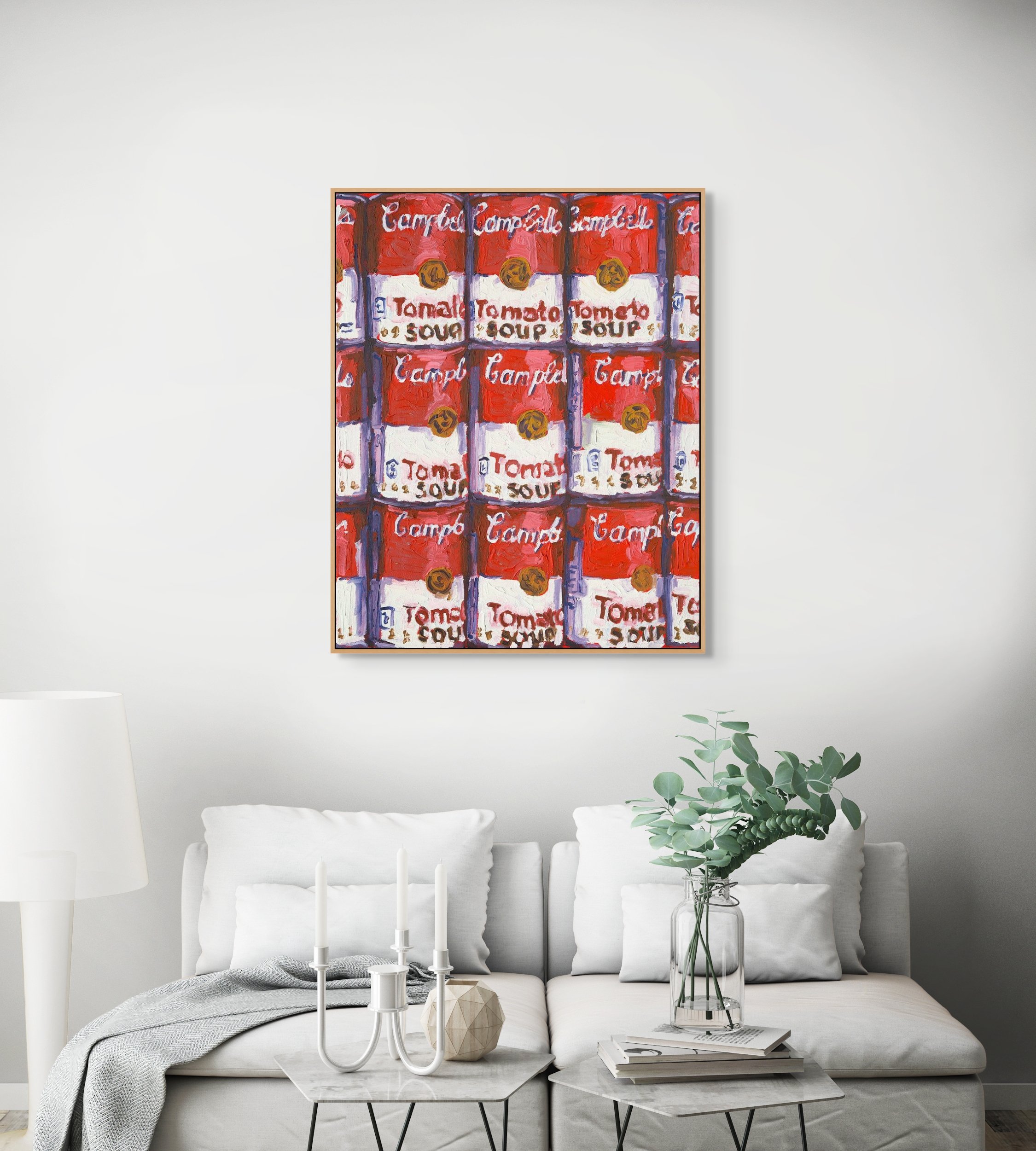 Canned goods oil painting inspired by grocery shelves and retro pantry staples