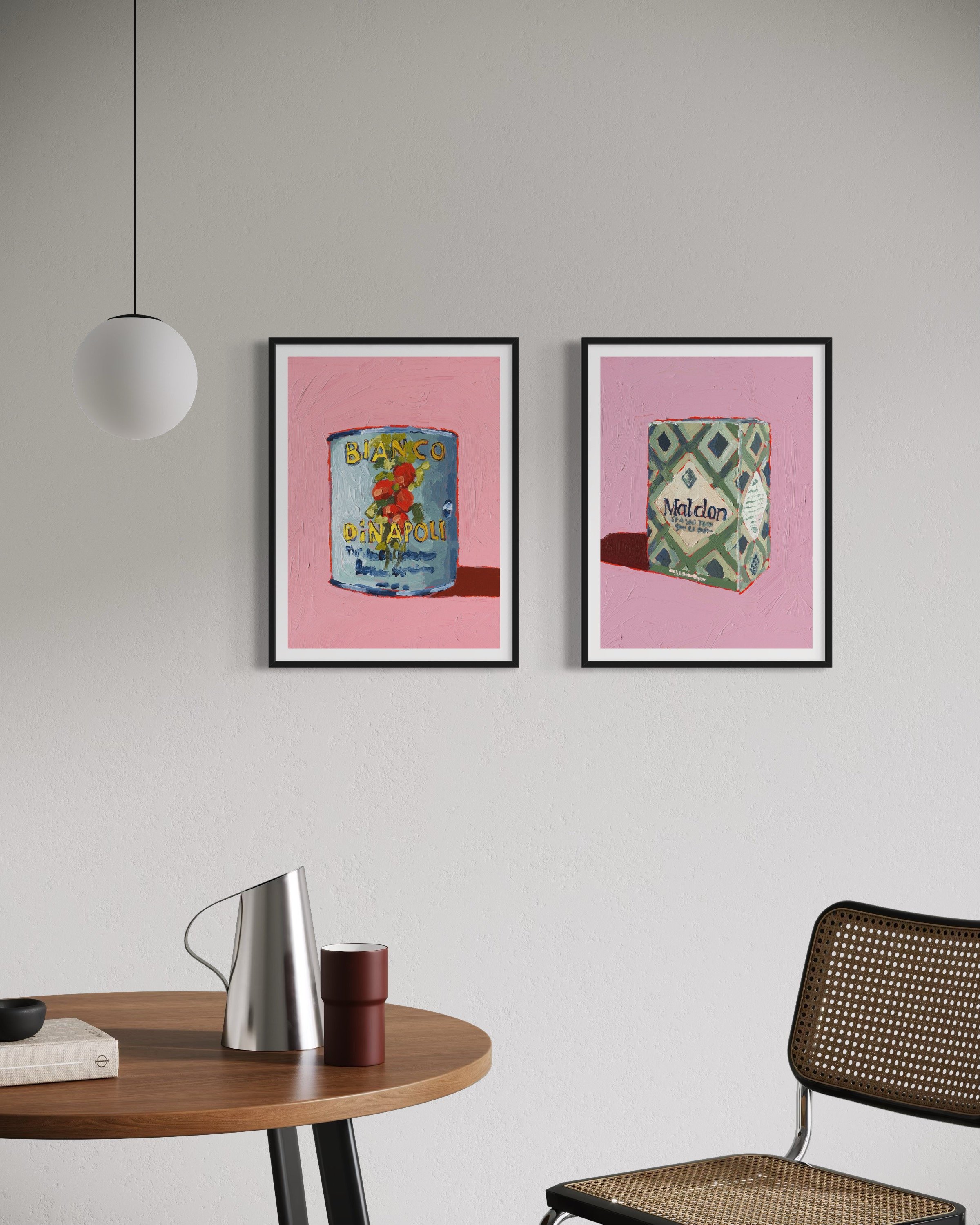 Food-inspired art print with a blue Bianco DiNapoli tomato can