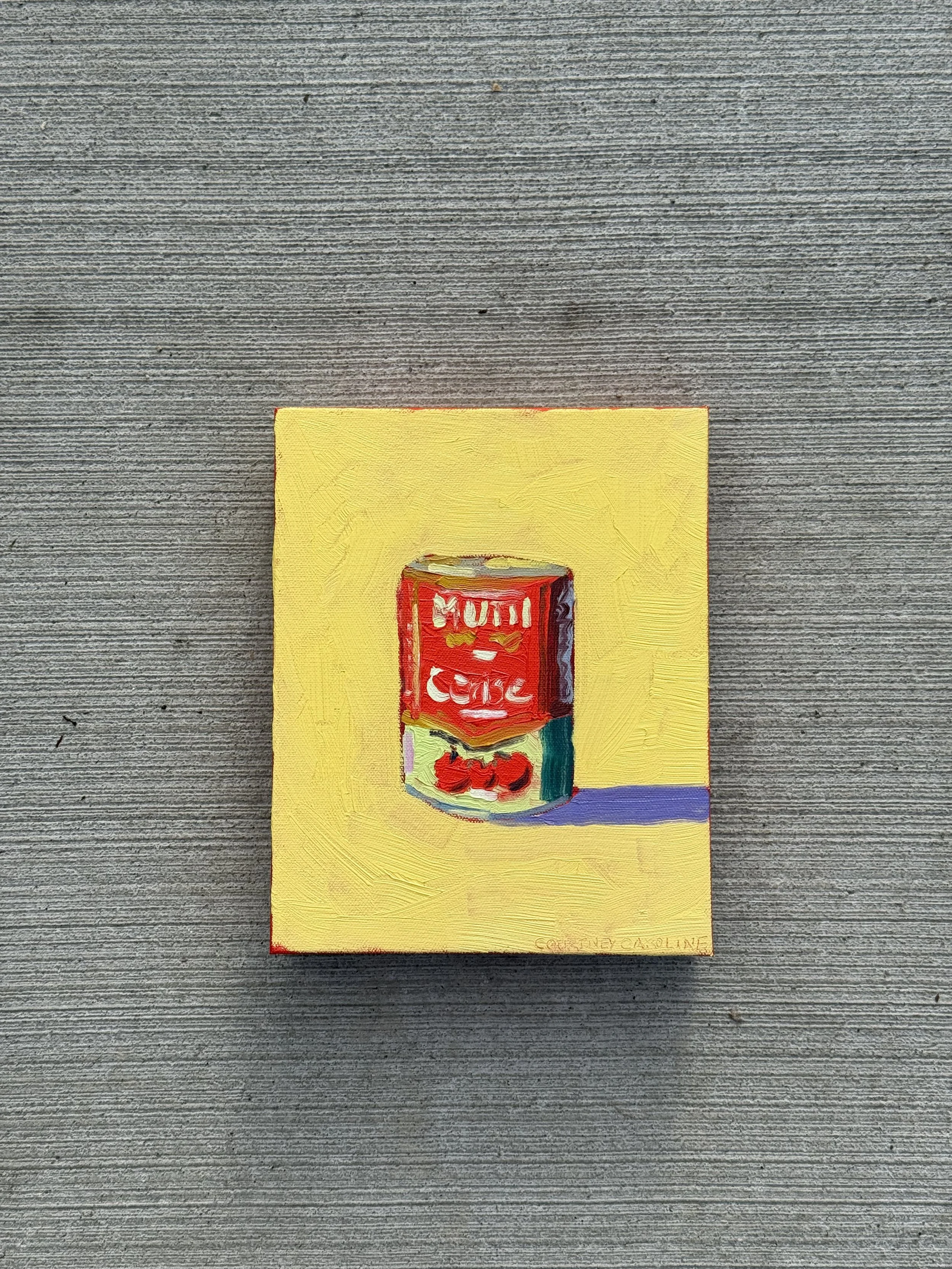 Can of Tomatoes #8 | 10 x 8 “ | Acrylic & Oil on canvas | Available at The Kube, Gibsons, BC until January 4th, 2026