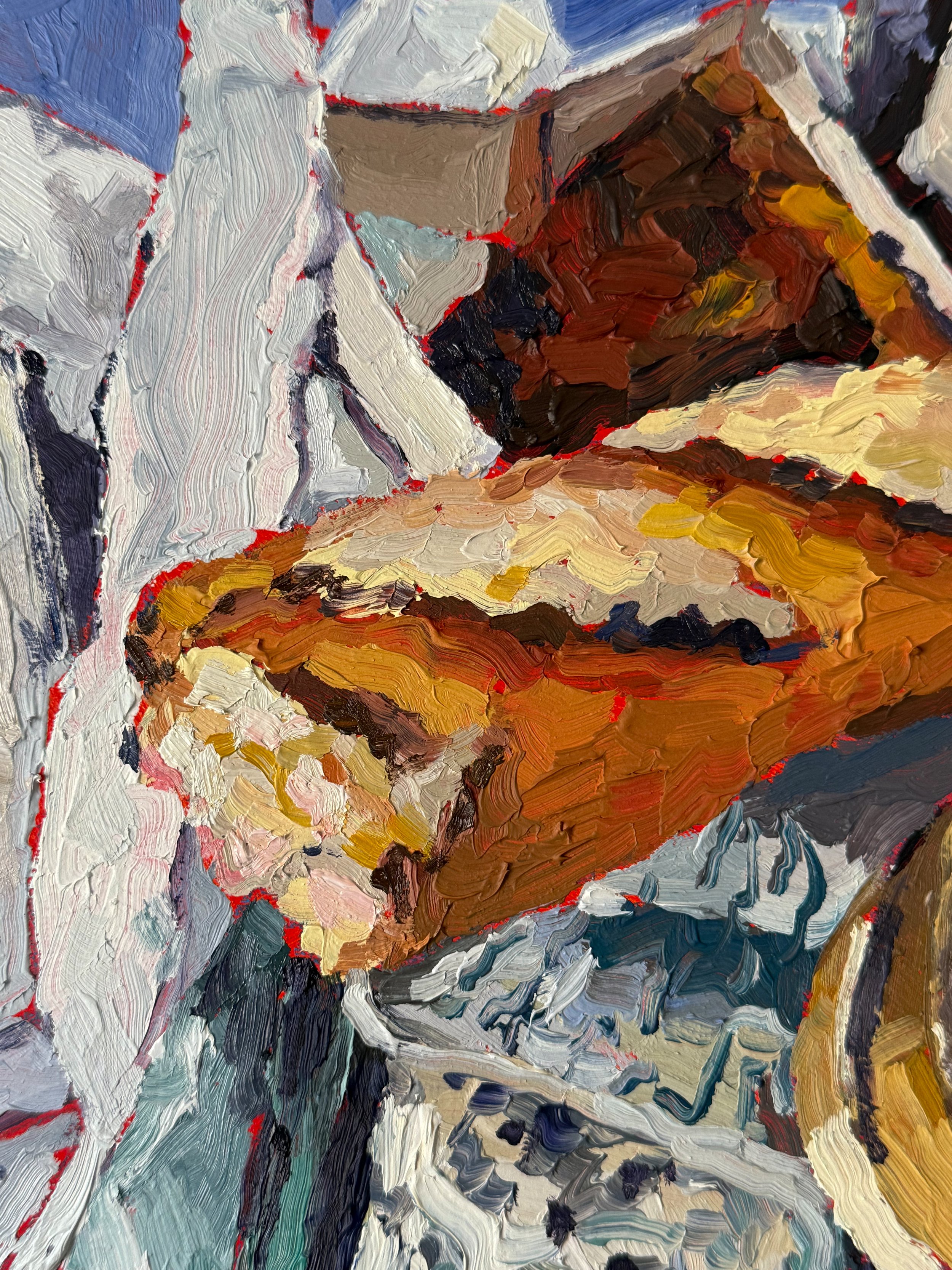 Colorful still life artwork of Parisian picnic foods and the Eiffel Tower in the background, oil on canvas