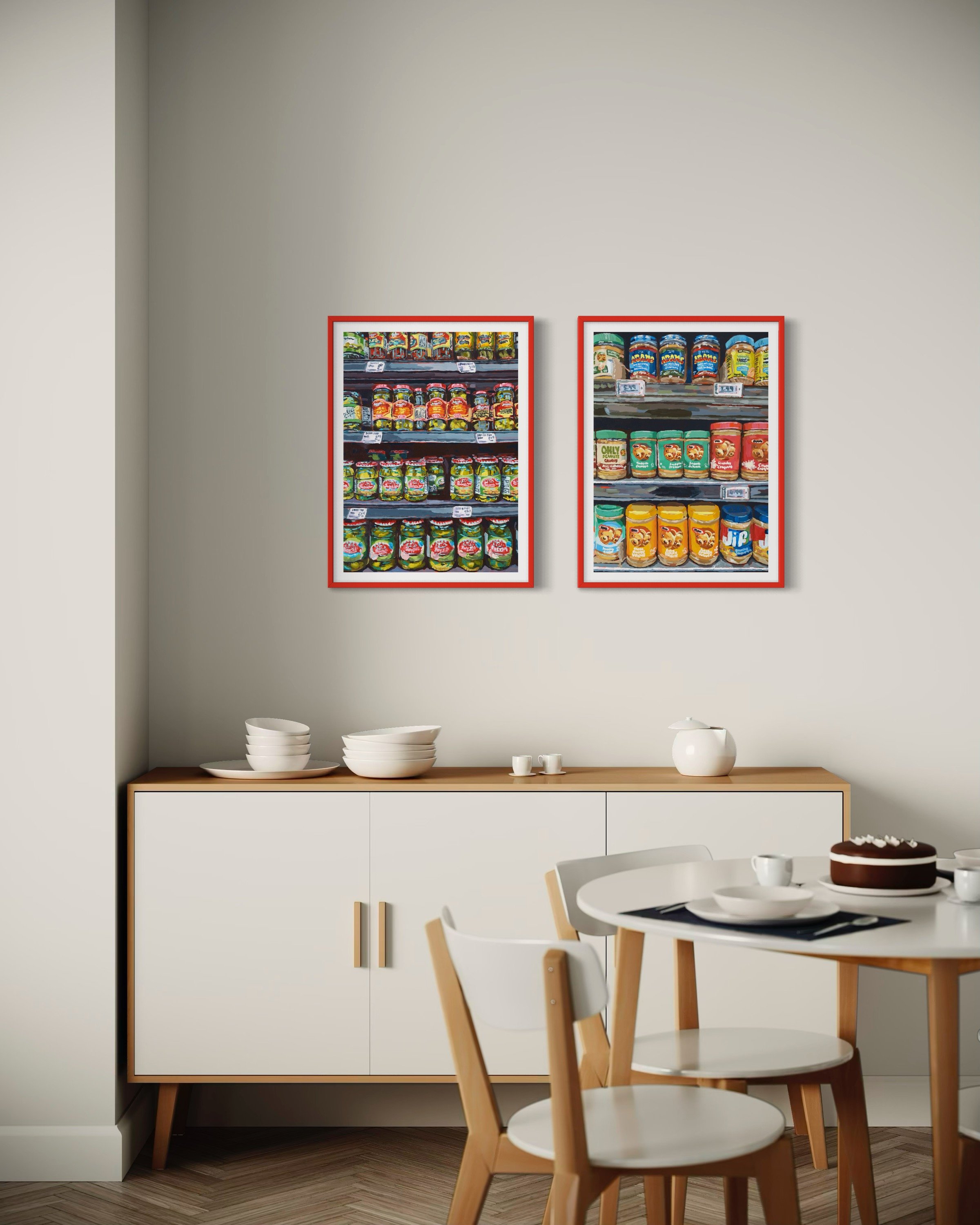Retro food shelf painting featuring jars of pickles and condiments – perfect for bold kitchen decor.