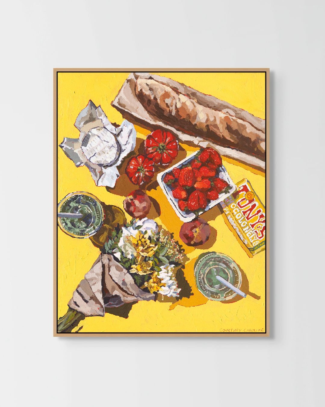 Original acrylic painting of a bright yellow summer table scene with heirloom tomatoes, matcha, brie cheese, baguette, strawberries, and nectarines. By Courtney Caroline