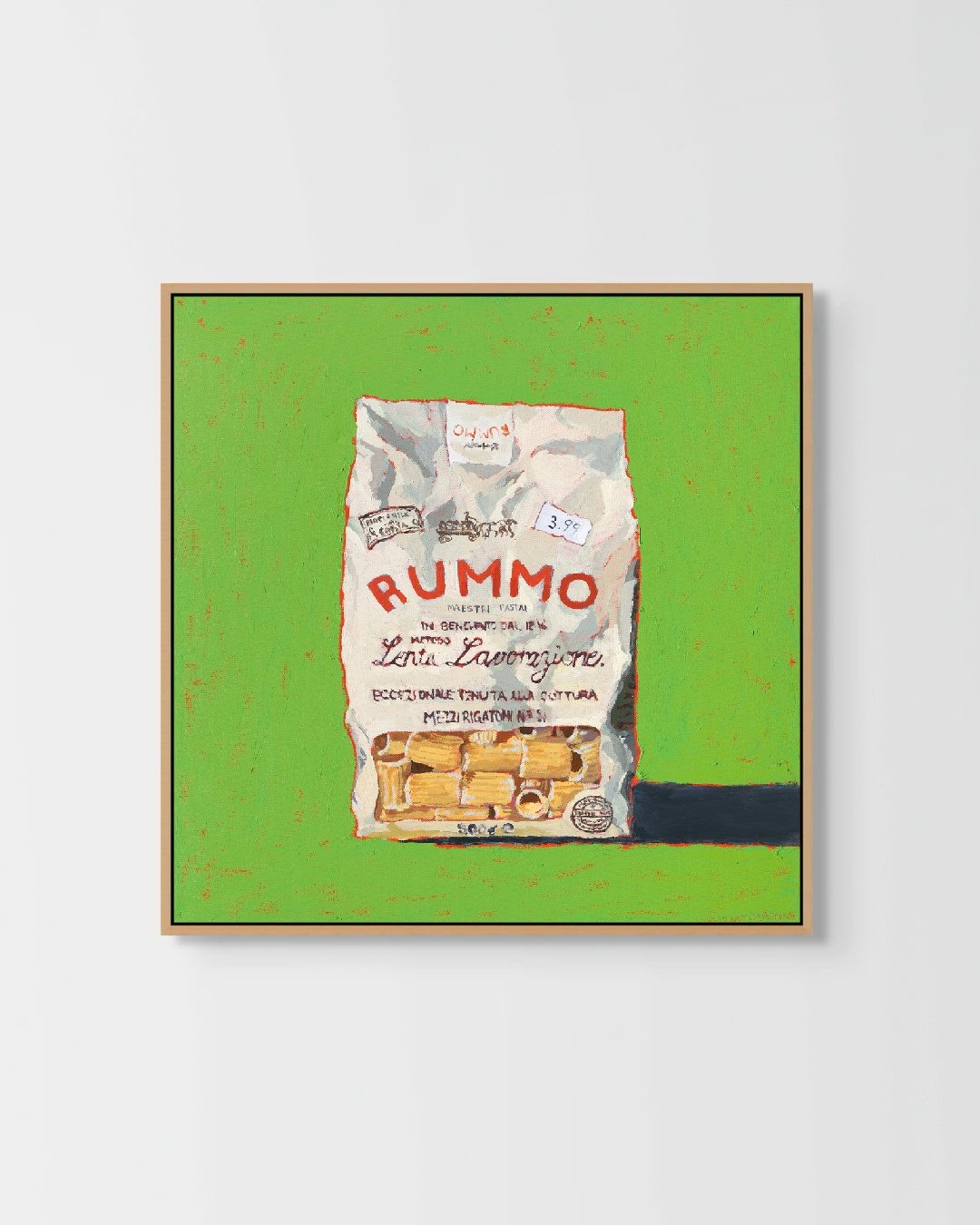 24x24 acrylic and oil painting of a Rummo pasta bag on a bright green background. Food-inspired artwork by Courtney Caroline