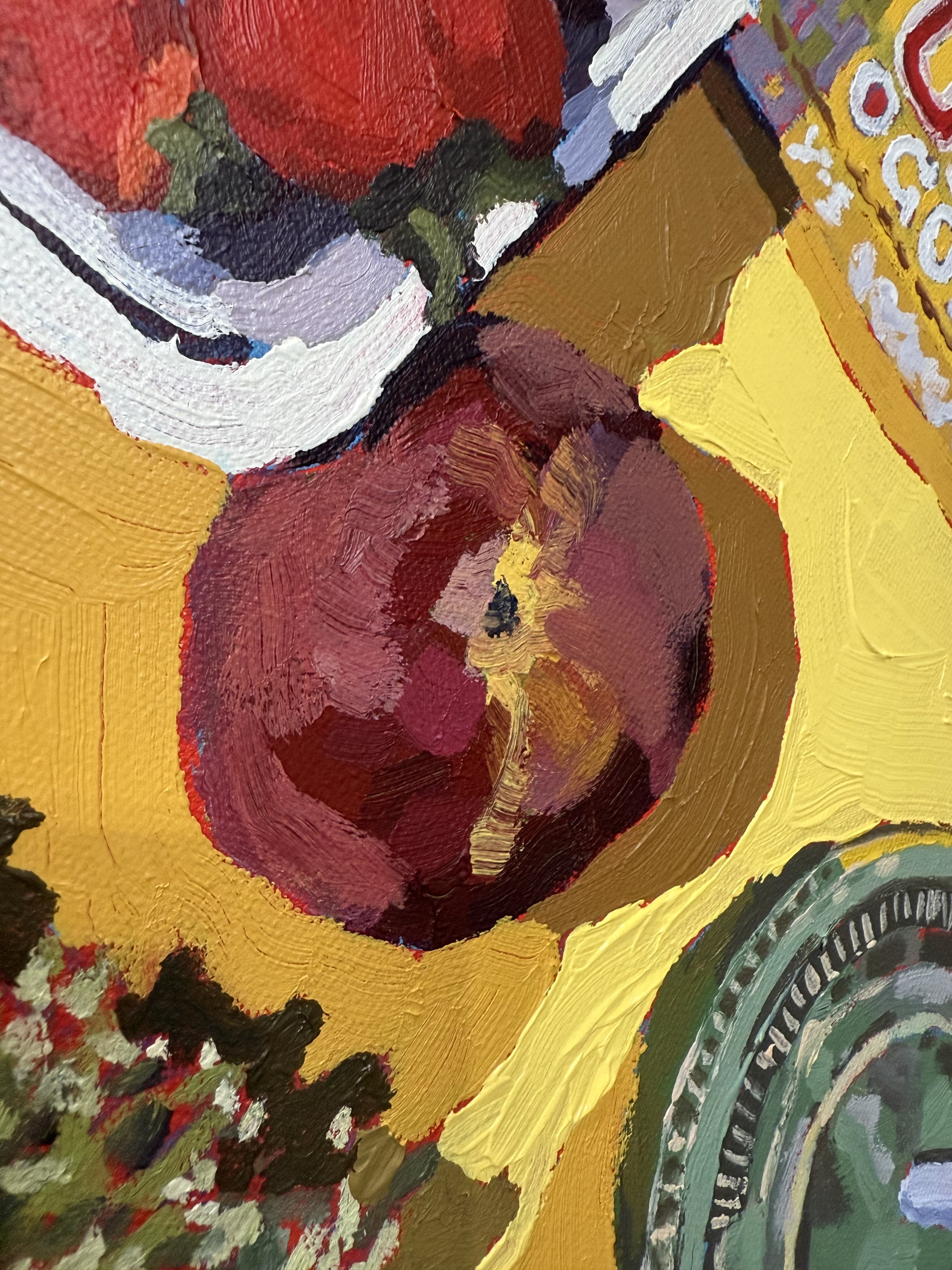 Joyful, textured acrylic painting of a sunlit summer table filled with fresh produce, florals, and drinks. Original art by Vancouver-based painter Courtney Caroline