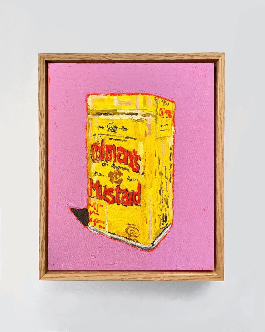 Original 8x10 acrylic and oil painting of a Colman’s Mustard tin on a textured magenta background by Courtney Caroline.