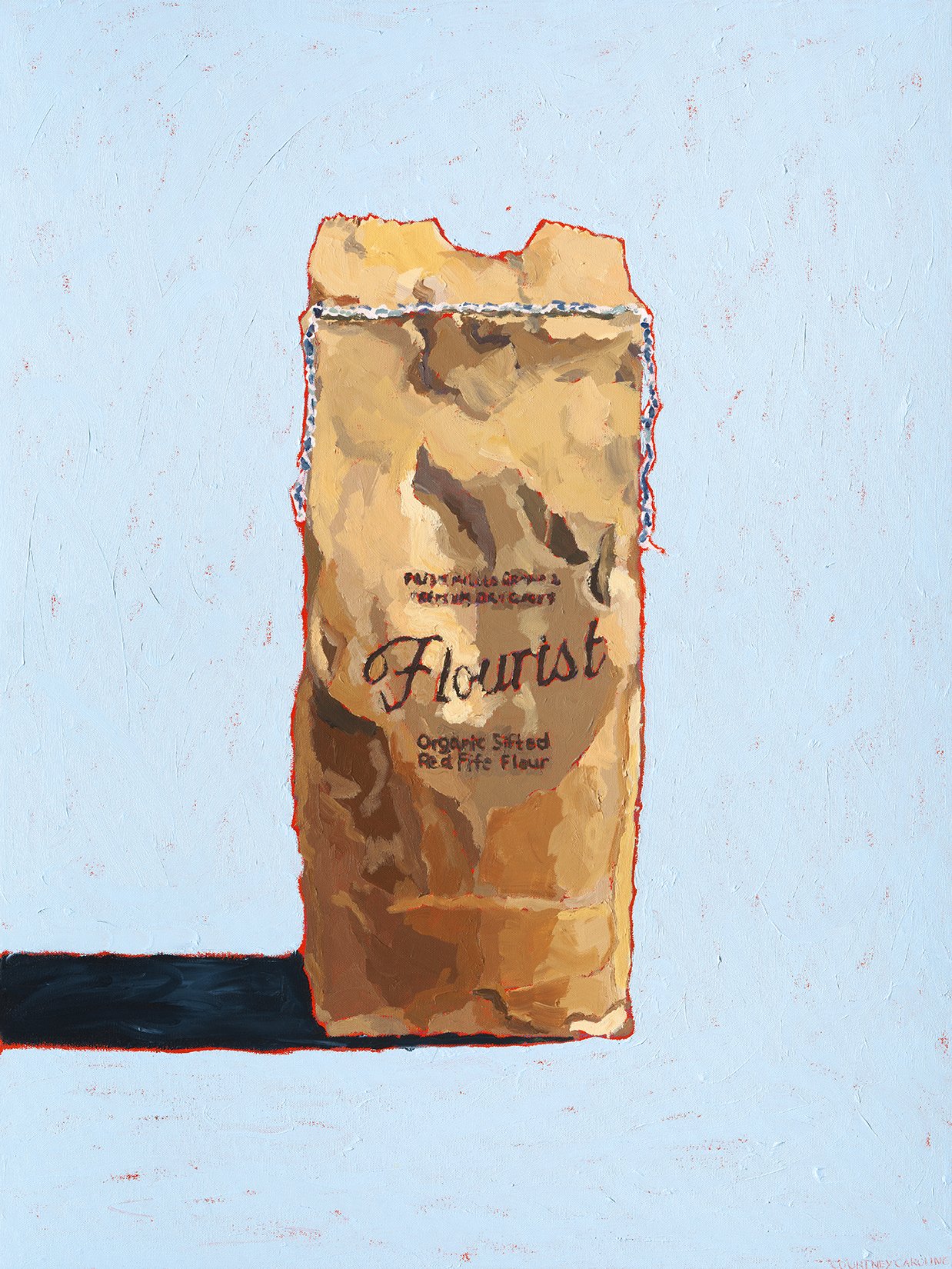 Flour bag still life painting inspired by a Vancouver mill, painted in acrylic and oil with a soft blue background. Titled ‘Flour, Please’ by Courtney Caroline