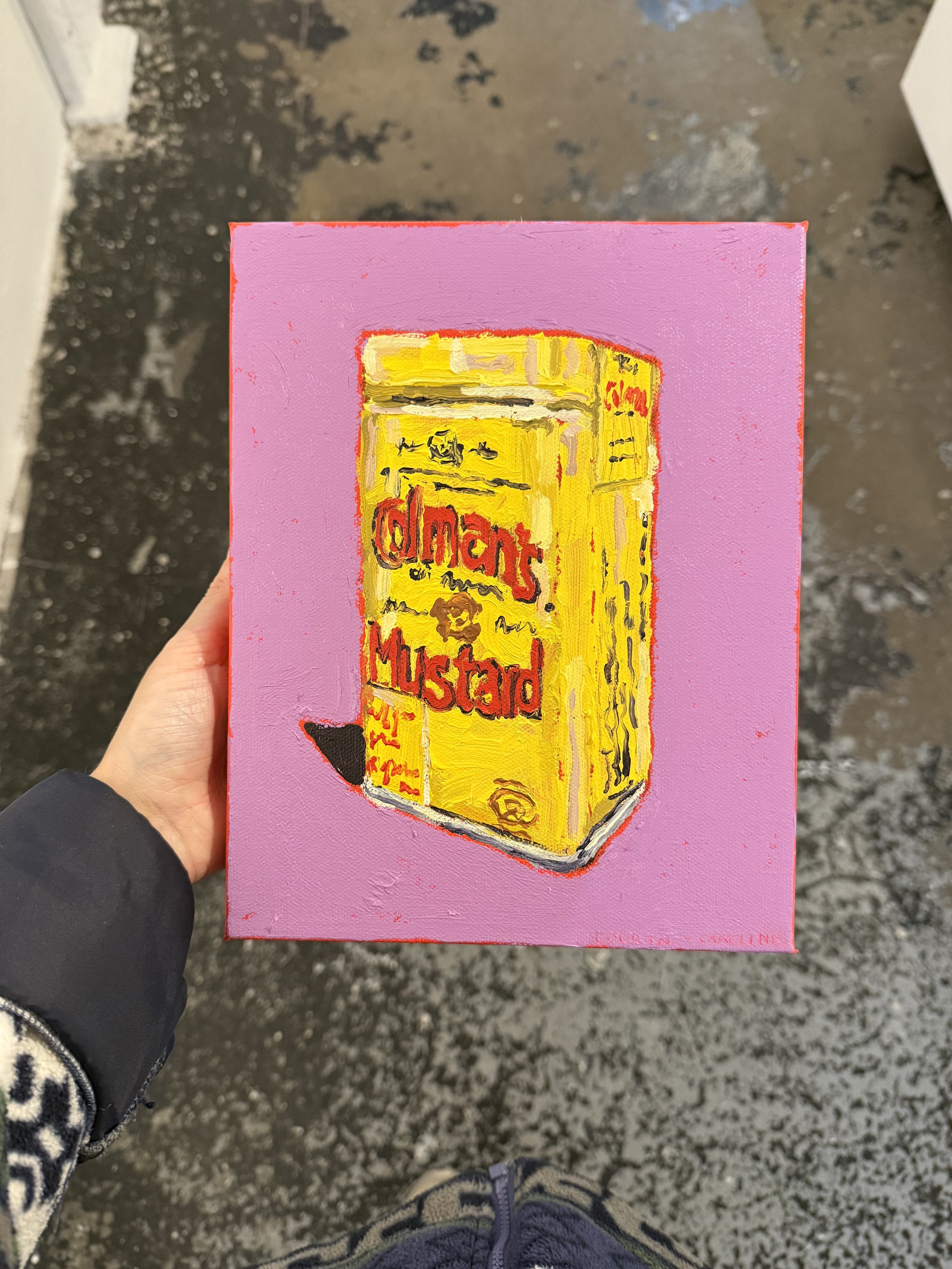 Colman’s Mustard tin painting with thick brush texture and saturated color. Acrylic and oil on canvas by Vancouver-based artist Courtney Caroline
