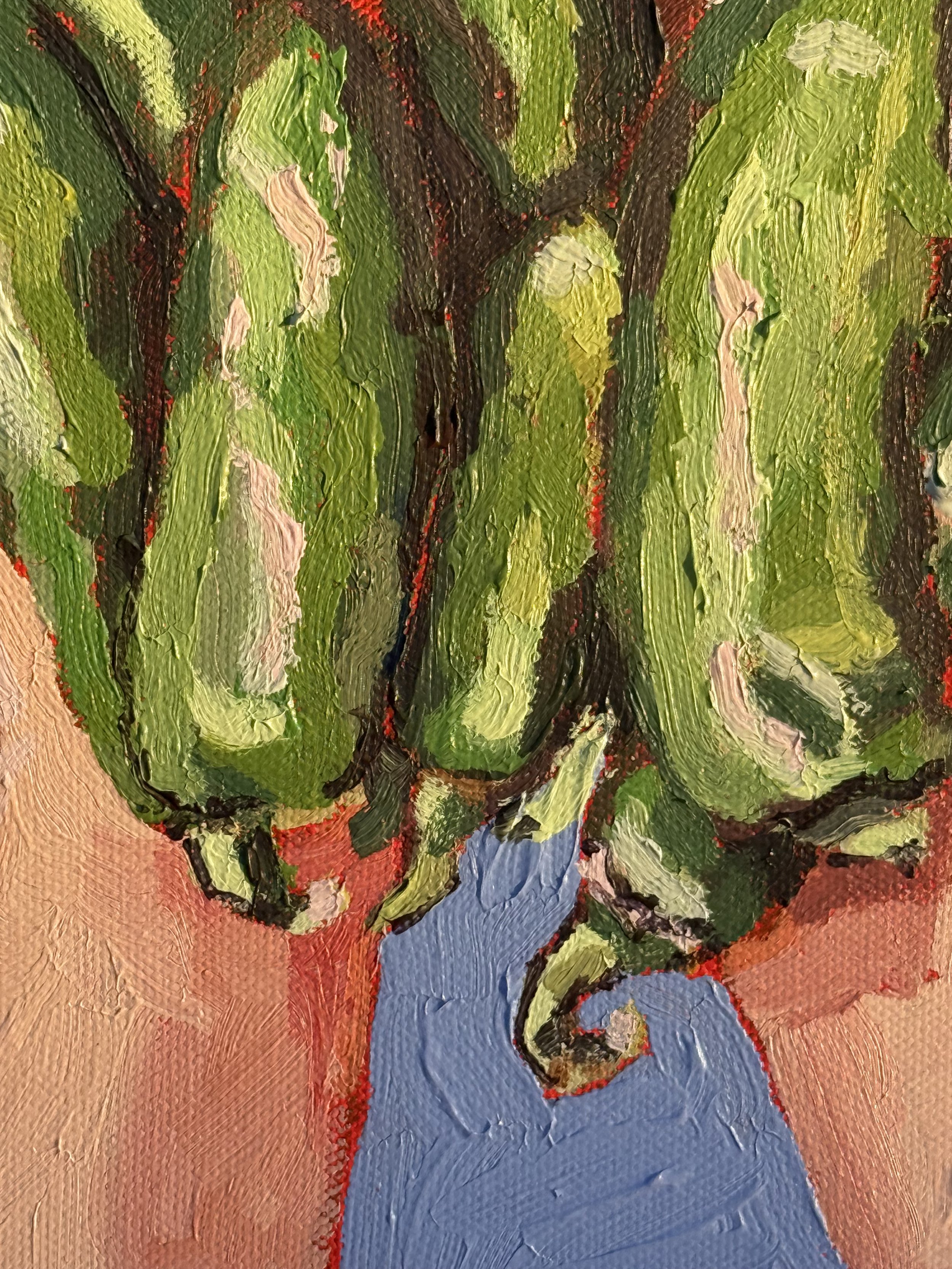 Painting of hands cradling green jalapeños with heavy texture and rich brushwork on a bright blue backdrop. Contemporary food art by Courtney Caroline