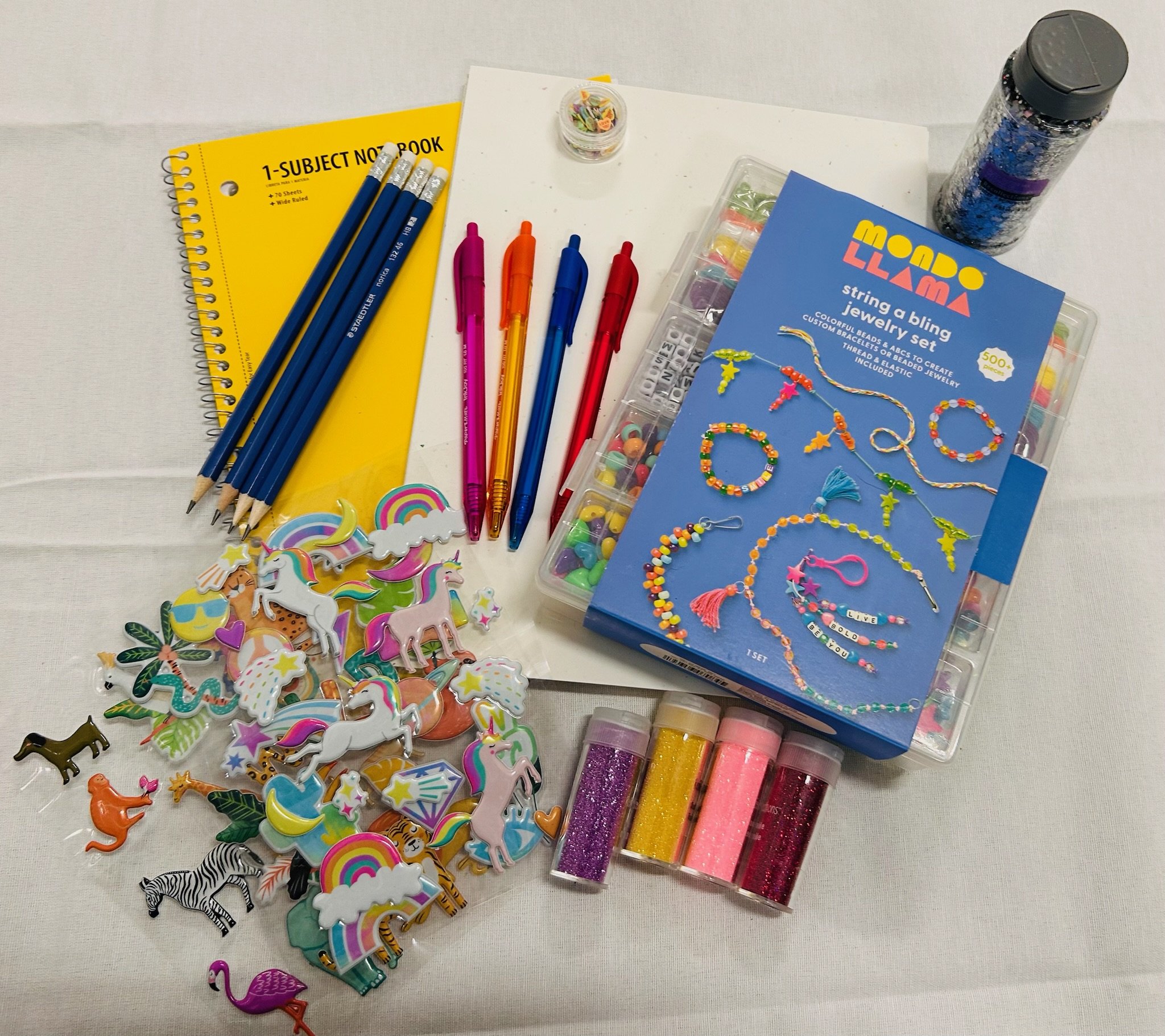 ST #3_Stationary Bundle (Notebook, Stock Paper, Stickers, Pens, Glitter, Jewelry Making Set)