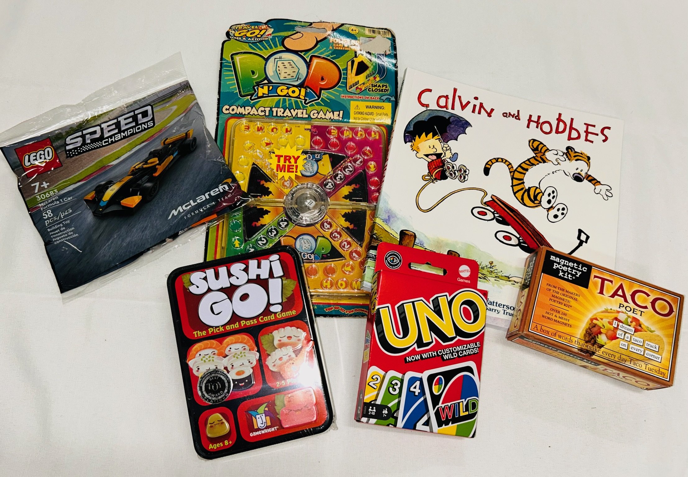 KD #8_Kids Bundle (1 Book, Sushi Go, Uno, Poetry Kit, Travel Game, Legos)