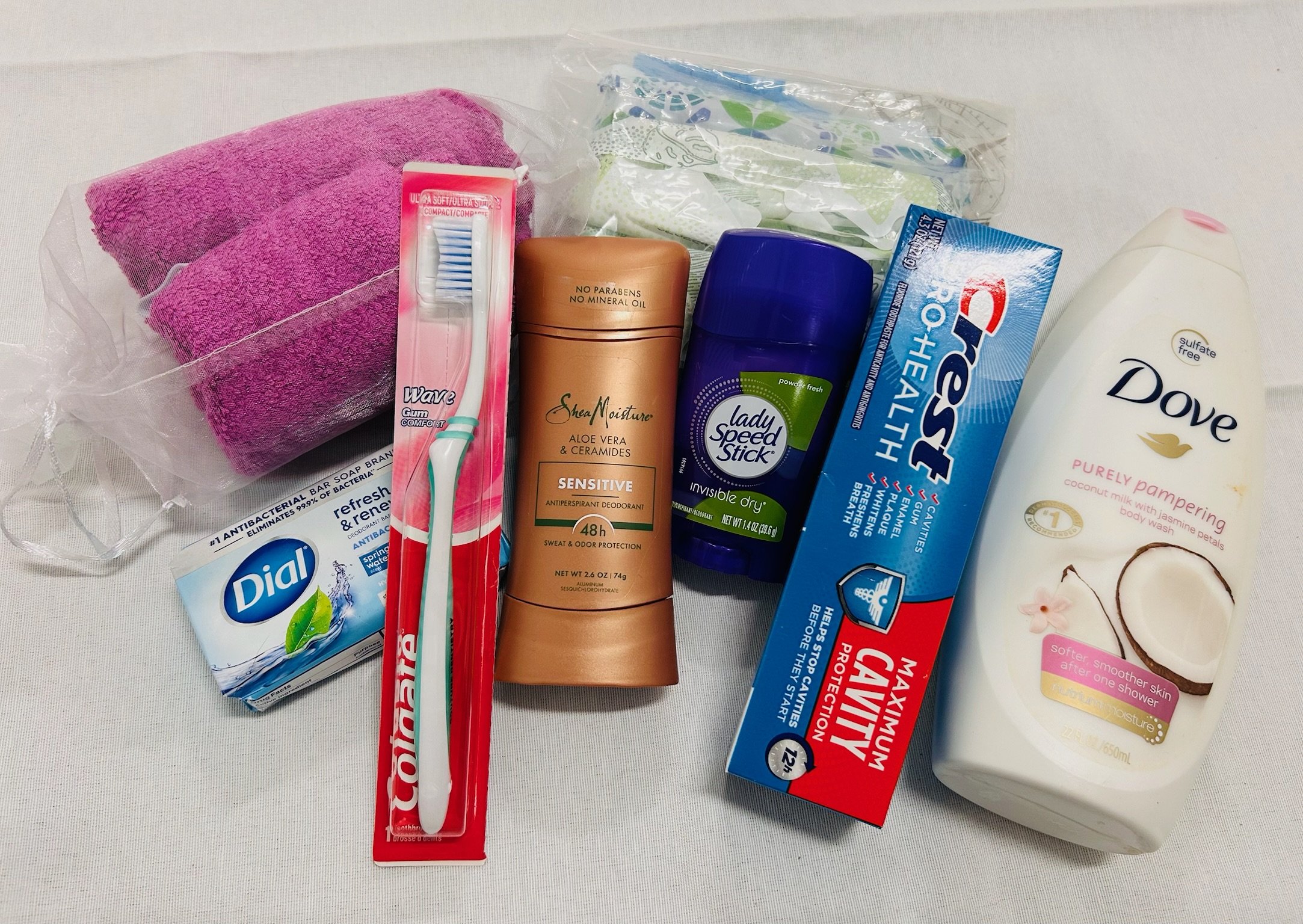 T #5_Toiletries Bundle (Hair Towel, Bodywash, Toothpaste, Toothbrush, Soap, Deodorant, Tampons)