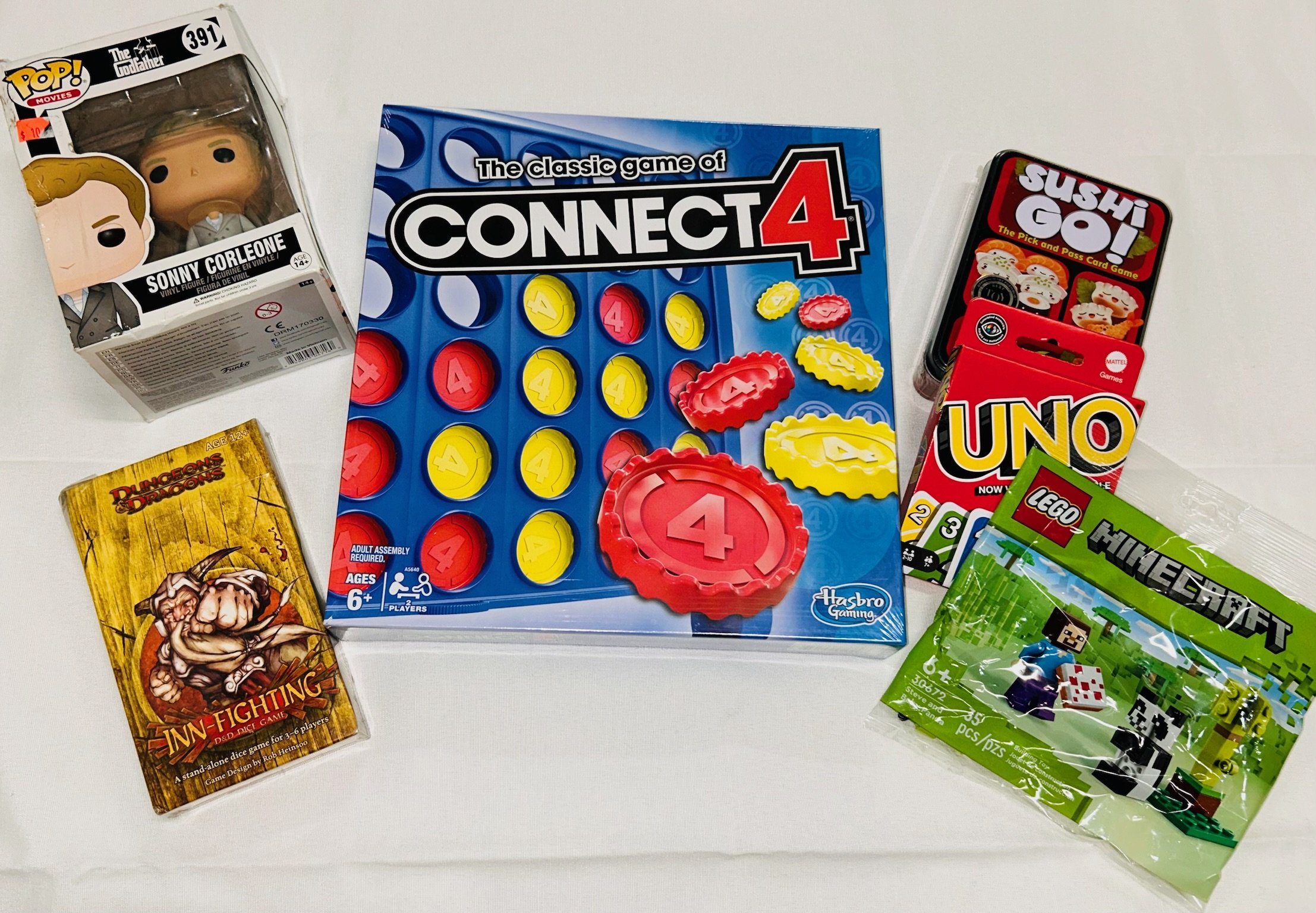 KD #1_Kids Bundle (Connect 4, Sushi Go, Uno, Legos, Dungeons & Dragons, Vinyl Figure)