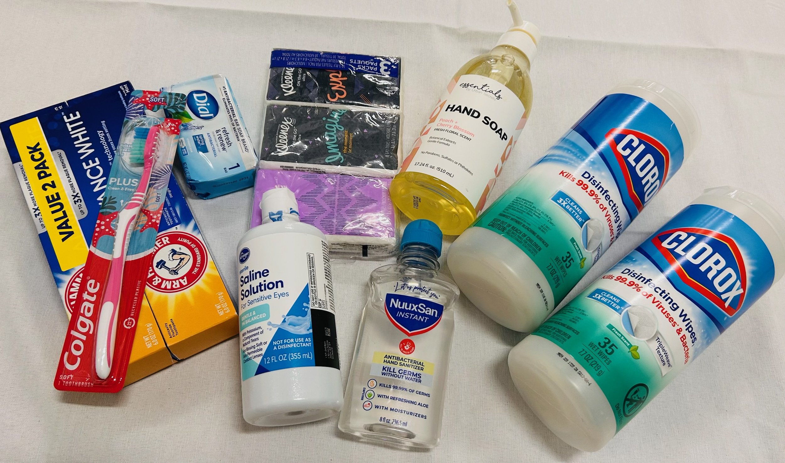 T #8_Toiletries Bundle (Toothpaste, Toothbrush, Hand Sanitizer, Body Soap, Hand Soap, Disinfectant Wipes, Tissues, Saline Solution)