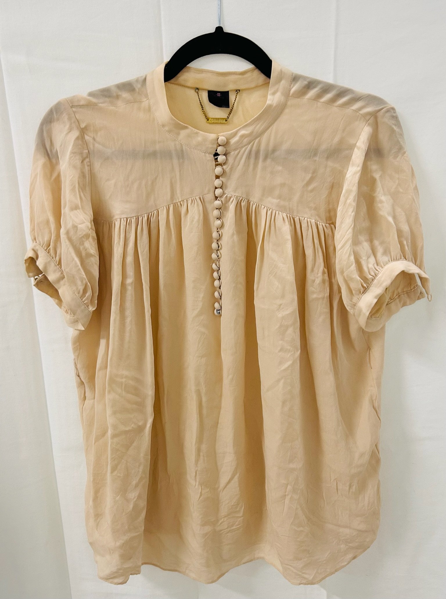 BX2 #44_Pink Tartan Cream Silk Button Top_Size M