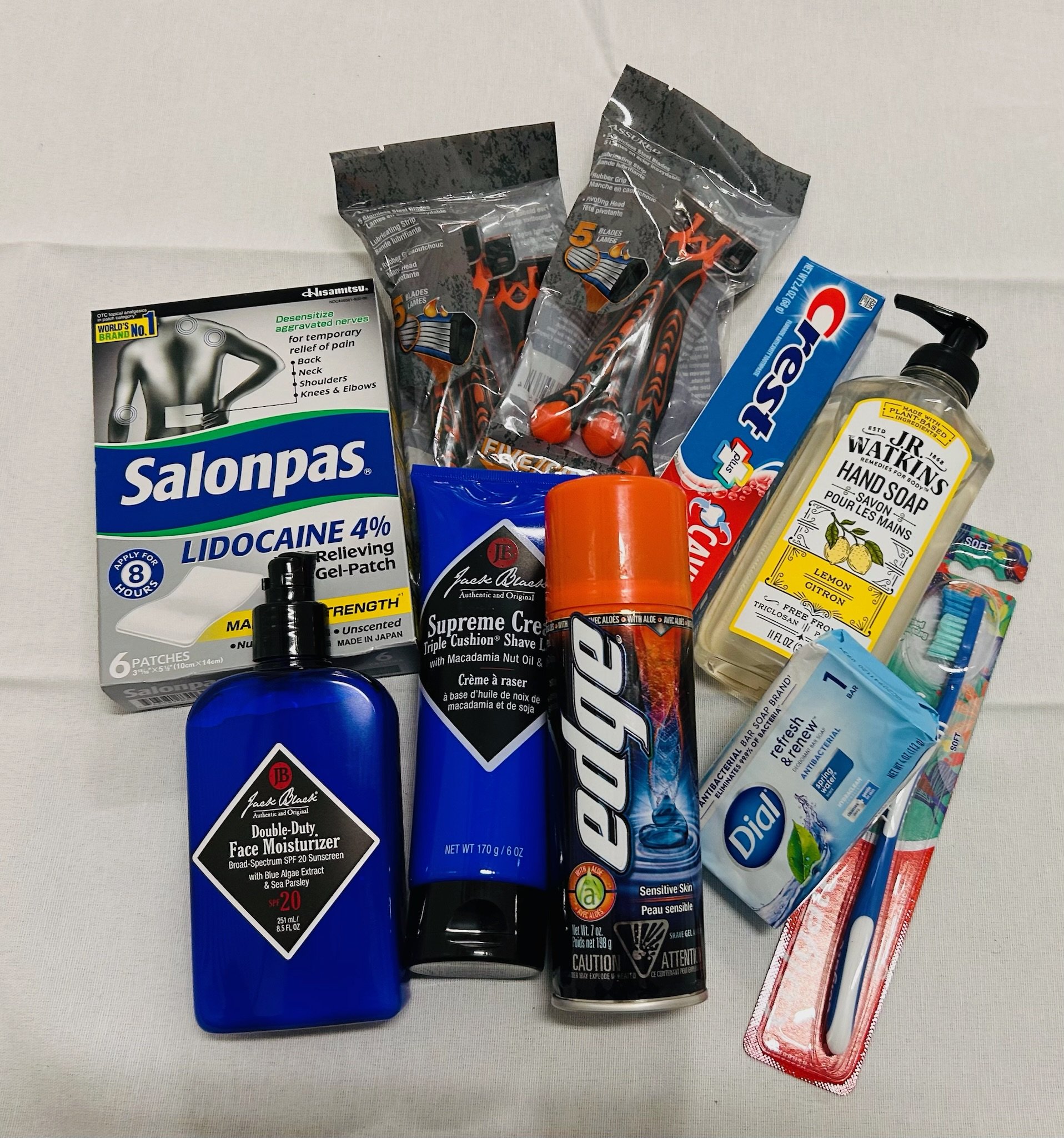 T #9_Toiletries Bundle (Razors, Shaving Gel & Moisturizer, Body Soap, Hand Soap, Toothbrush, Pain Relief Patches)