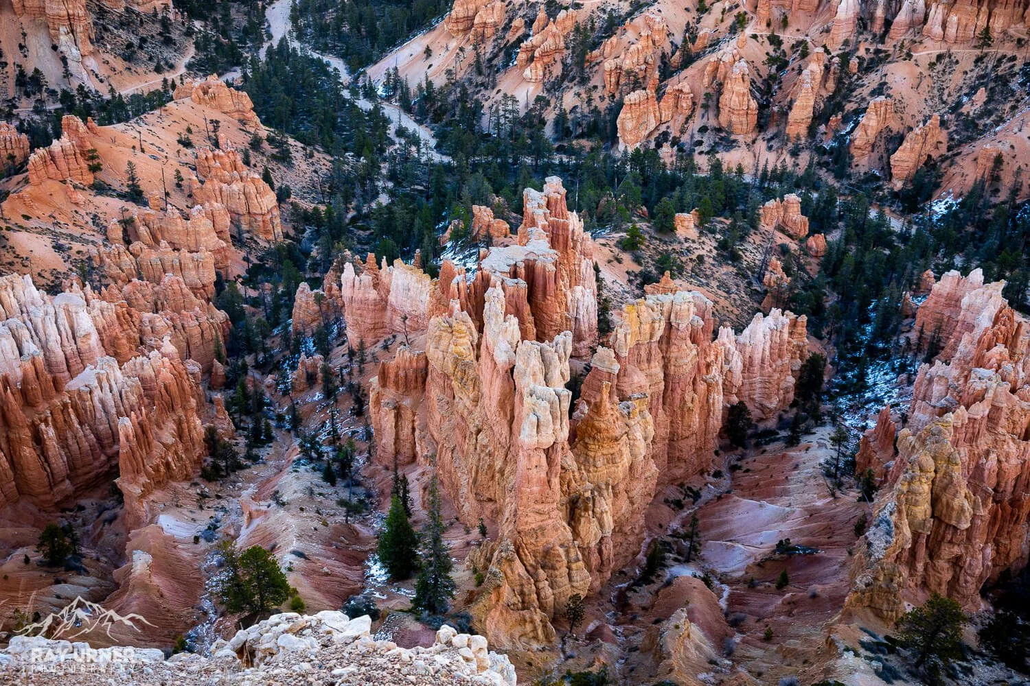 View of Bryce Canyon showing tall, orange and pink hoodoo rock formations with sparse evergreen trees and patches of snow.