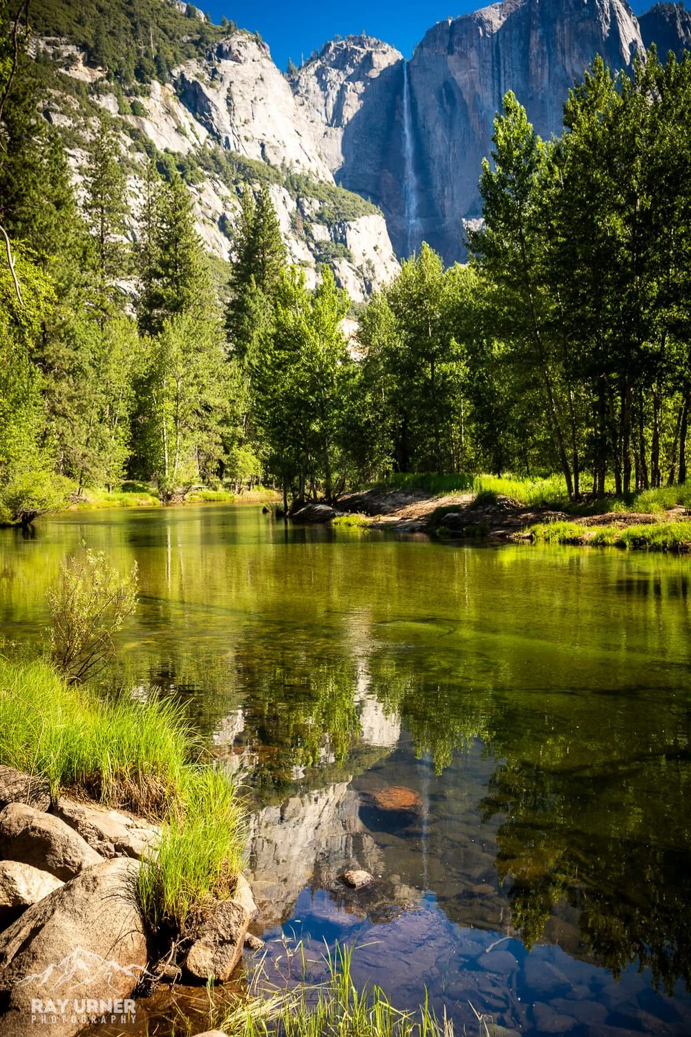 A serene mountain landscape featuring a clear river flowing through a lush green forest with tall trees, rugged rocks, and towering granite cliffs in the background under a bright blue sky.