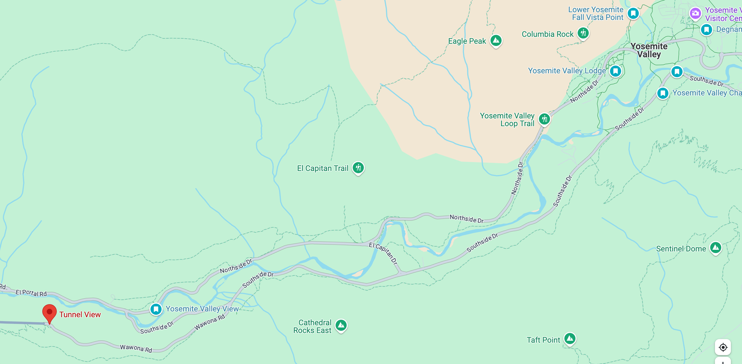 Map of Yosemite Valley showing trail names and points of interest, including Tunnel View, Yosemite Valley View, Cathedral Rocks East, Sentinel Dome, Taft Point, and El Capitan Trail.